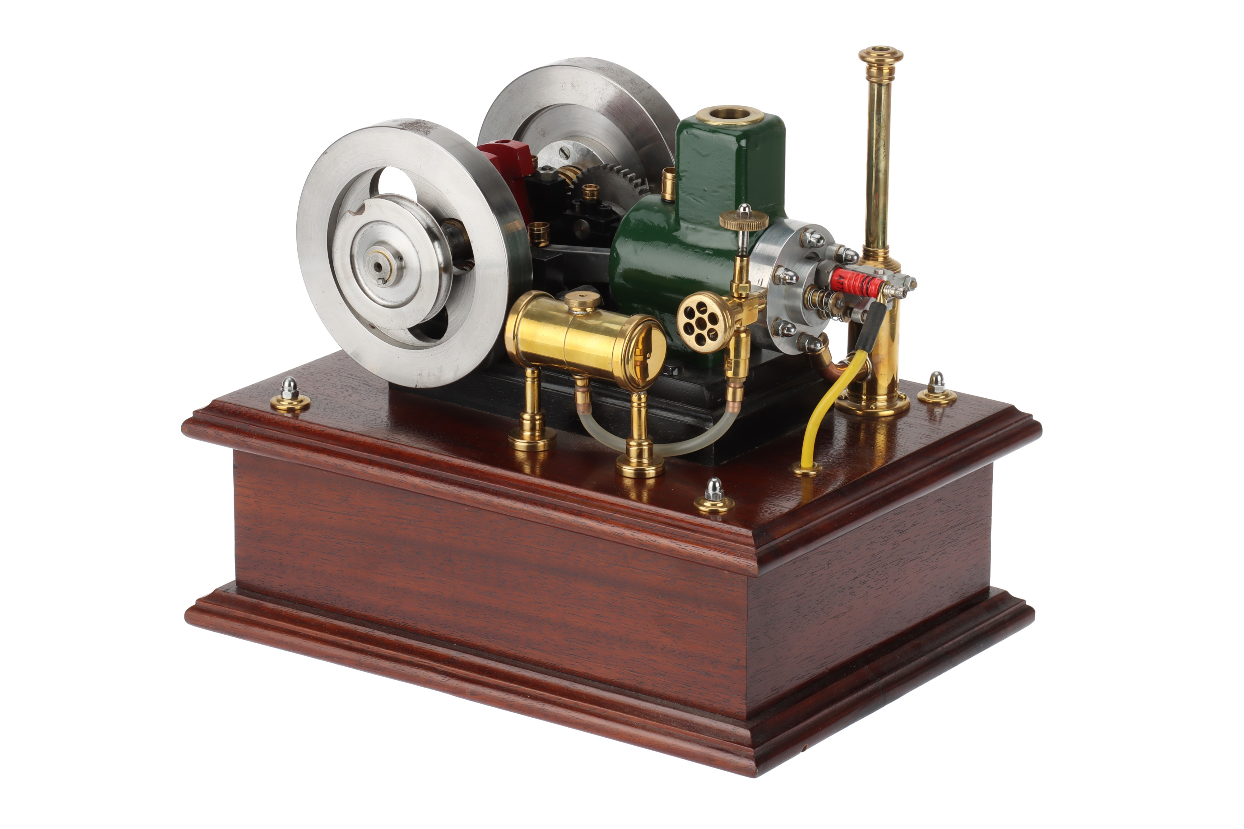 the engine with mounted on a polished oak base, with counterweight open crank, twin drilled disk