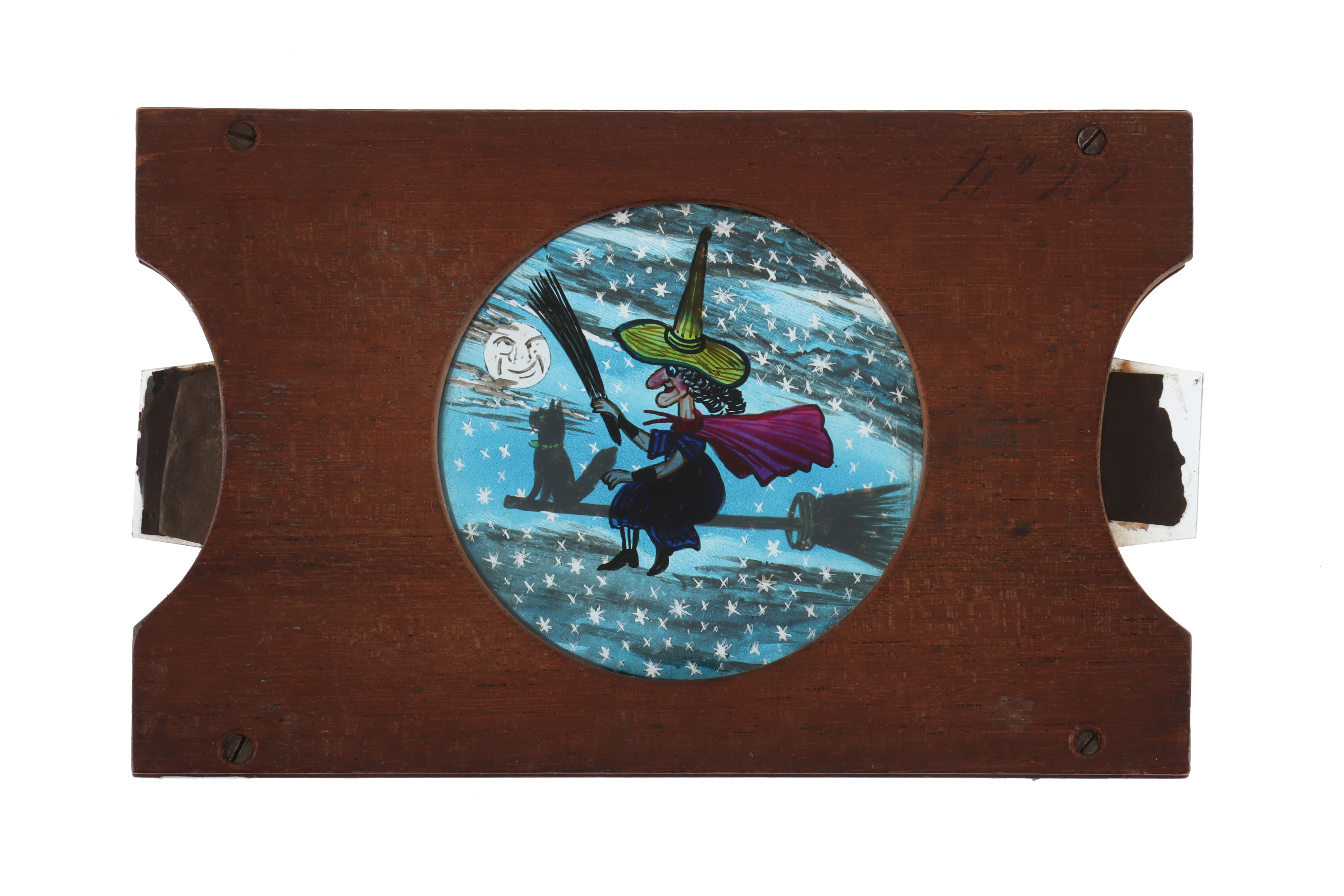 Magic Lantern Slide of a Flying Witch and Cat,