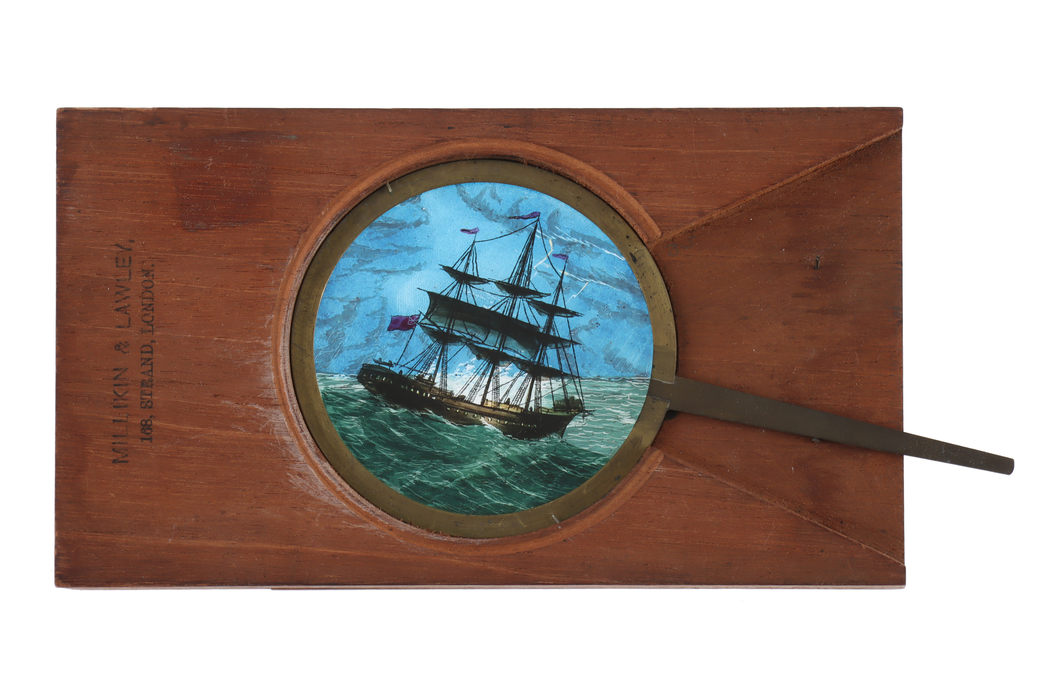 A ‘Ship in Storm’ Hand-Painted magic lantern lever slide, - Image 2 of 3