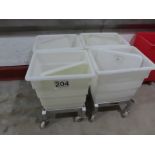 4 X WHITE PLASTIC BINS WITH LIDS ON SYSPAL DOLLIES.