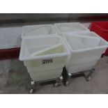 4 X WHITE PLASTIC BINS WITH LIDS ON SYSPAL DOLLIES.