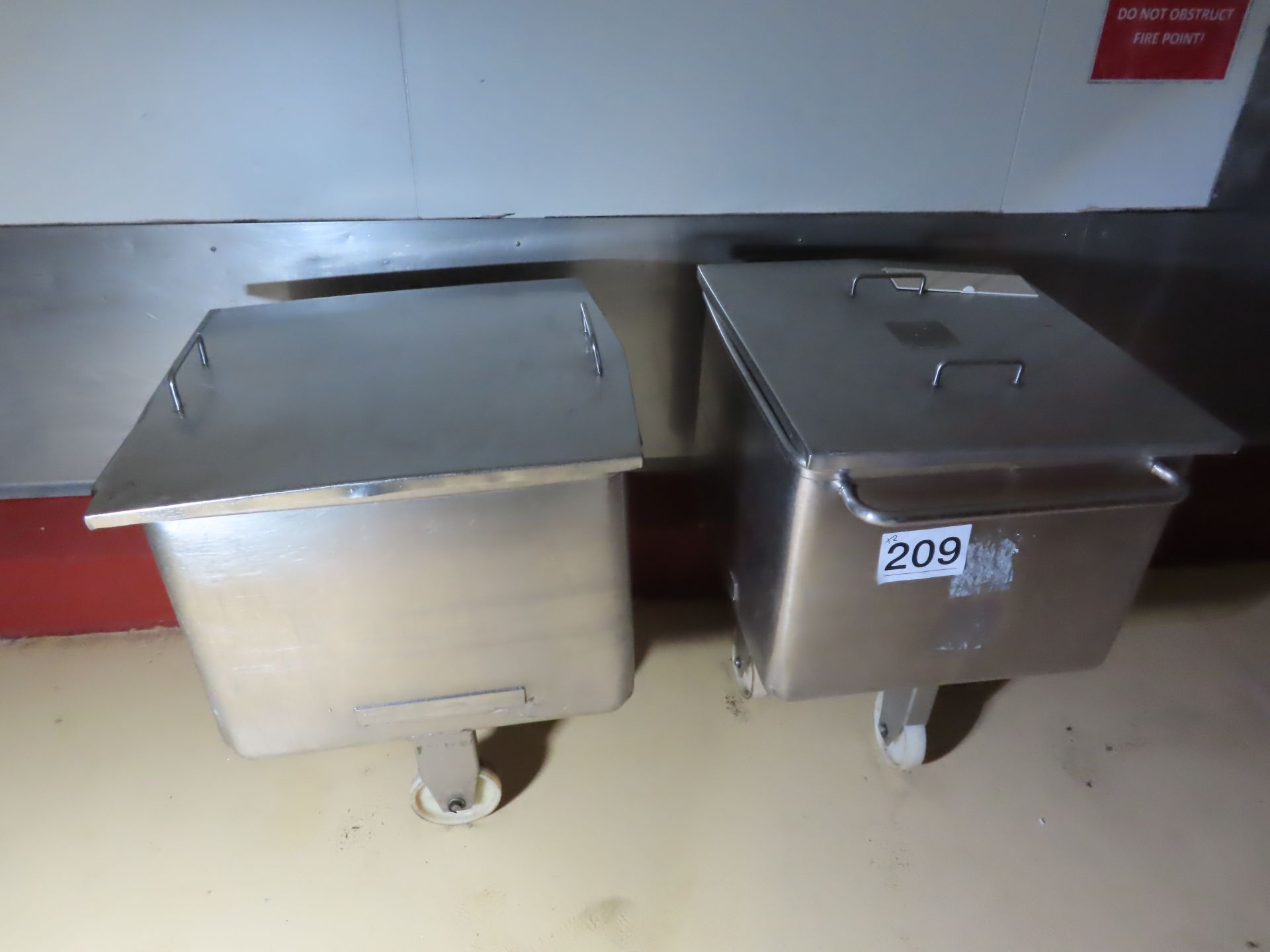 2 X S/S 200 LITRE TOTE BINS WITH LIDS.