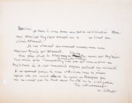 Sickert (Walter) Autograph Letter signed to "Monsieur", in French, [c. 1914], "I would like to ma...