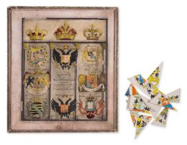 Mosaic Toy.- Geometrisch-Heraldisches-Spiel, 8 hand-coloured engraved national coats-of-arms moun...