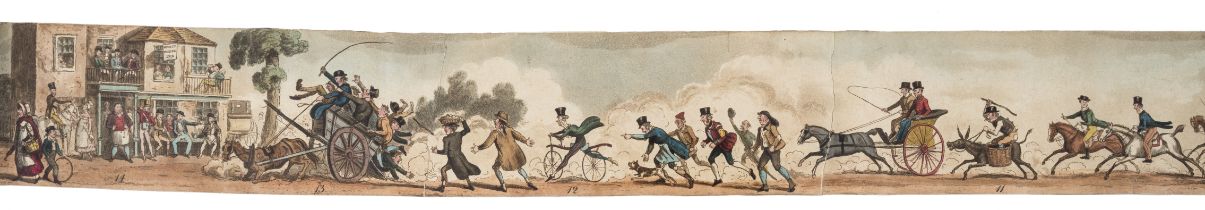 Cruikshank (Robert) Going to a Fight, hand-coloured aquatint panorama with original boxwood drum,...