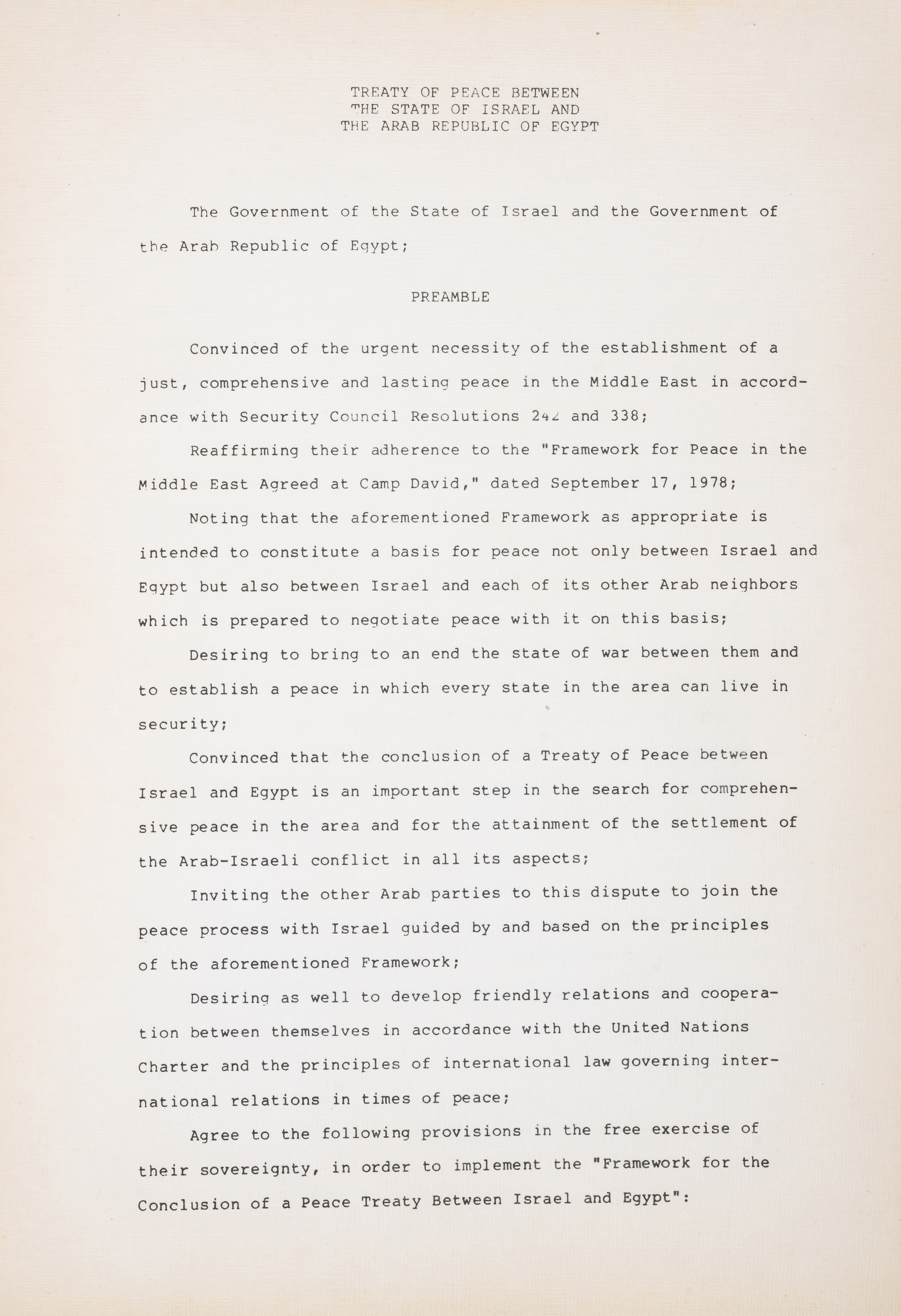 Middle East.- Treaty of Peace between the State of Israel and the Arab Republic of Egypt, in Engl...