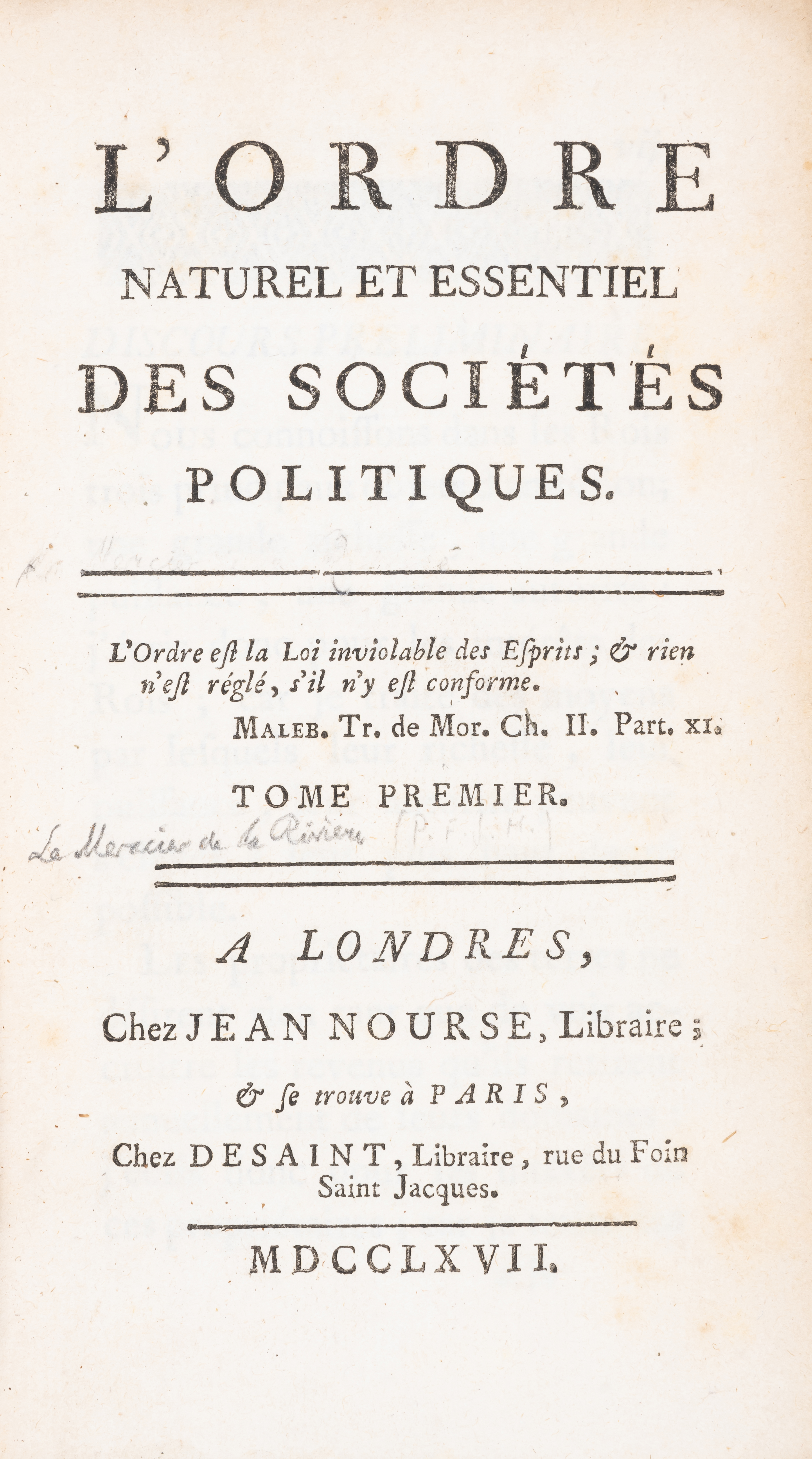 Economics.- [le Mercier de la Rivière (Pierre Paul)] L'Ordre Naturel et Essentiel des Sociétés Po...