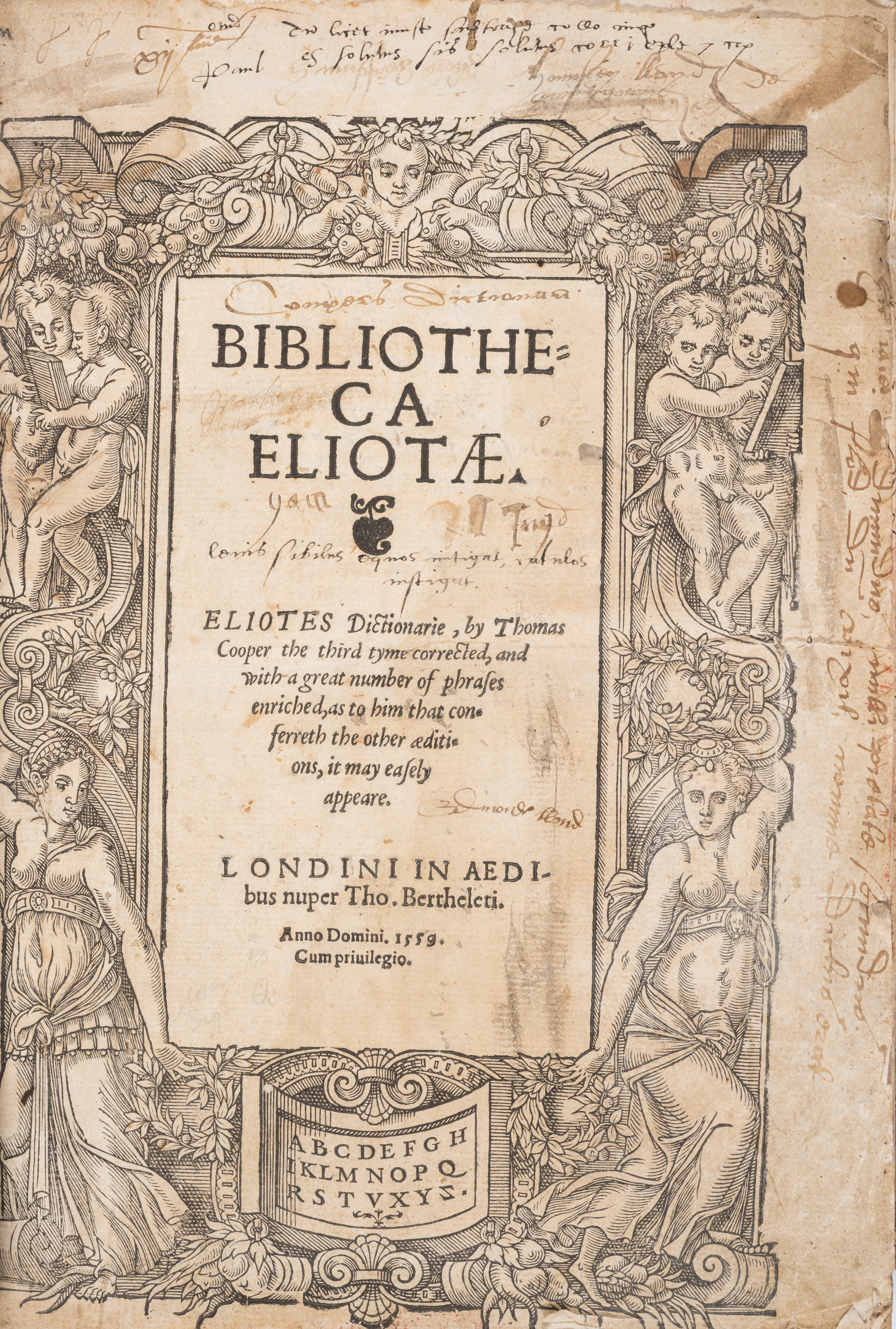 Dictionary.- Elyot (Sir Thomas) Bibliotheca Eliotæ. Eliotes dictionarie, third edition, Thomas Be...