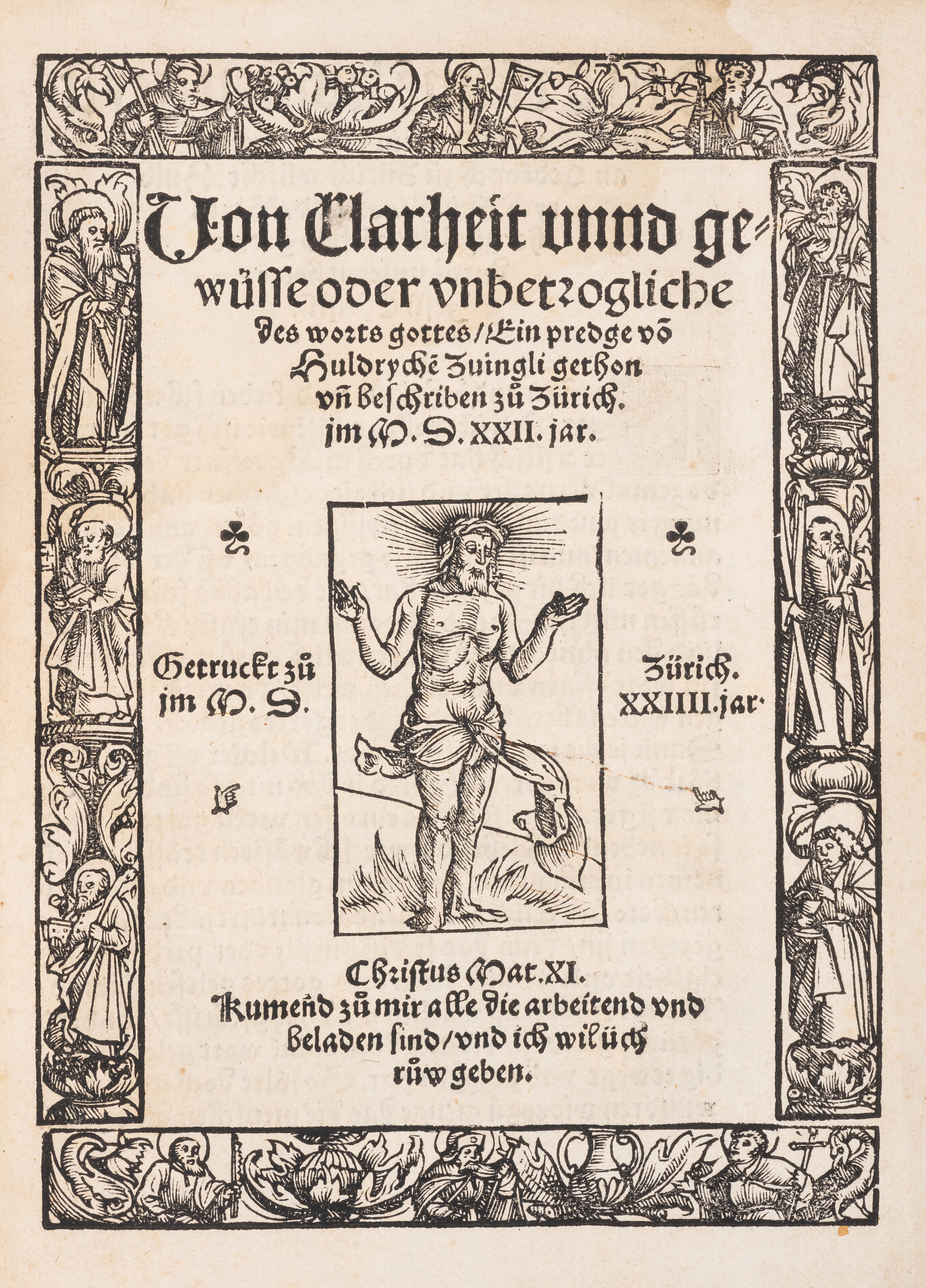 Zwingli (Ulrich) Von clarheit unnd [sic] gewüsse oder unbetrogliche des worts Gottes, rare, Zuric...