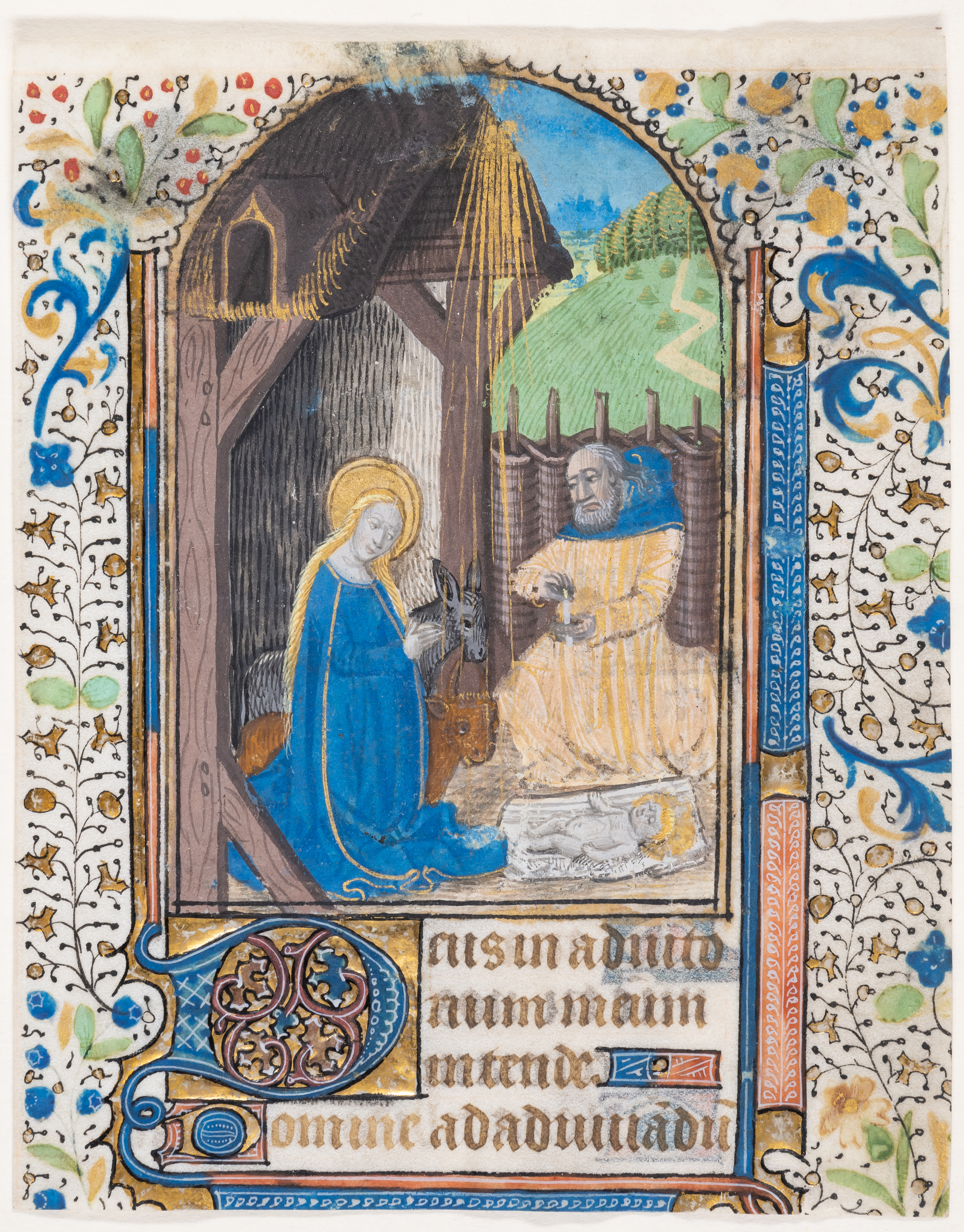 French Workshop.- Single leaf from an illuminated Book of Hours with arched miniature depicting t...