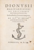 Criticism of Thucydides.- Dionysius, Halicarnassensis De Thucydidis Historia Iudicium, first Aldi...