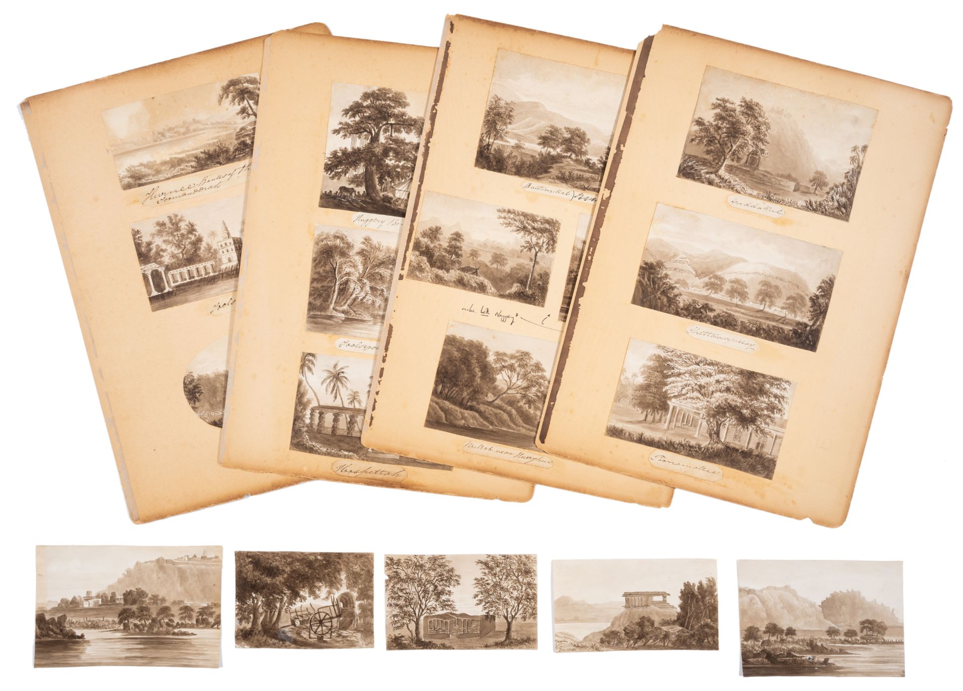 India.- English School (19th century) Collection of 18 original studies of Indian landscapes, mon...