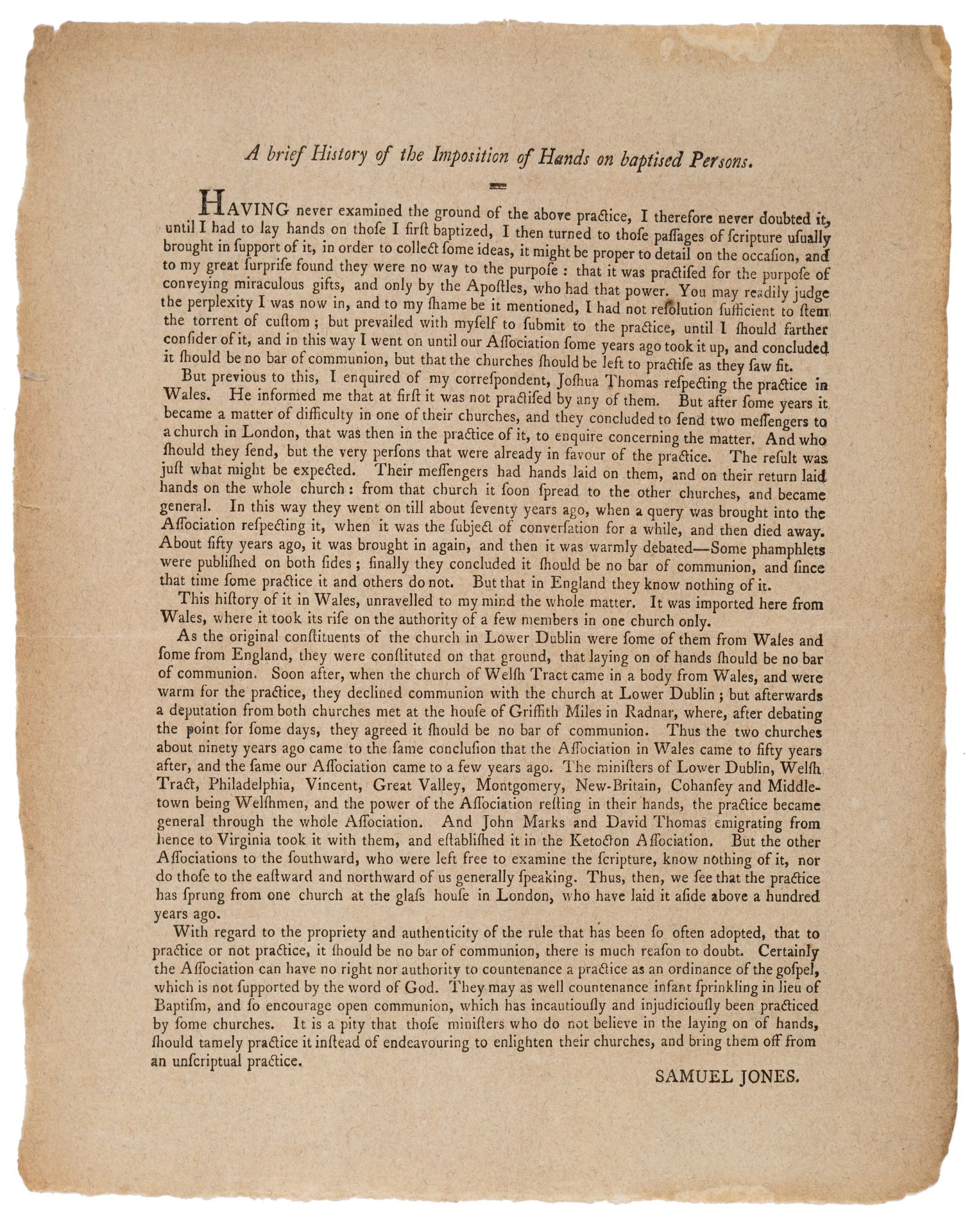 America.- Philadelphia.- Jones (Samuel) A Brief history of the Imposition of hands on baptised pe...