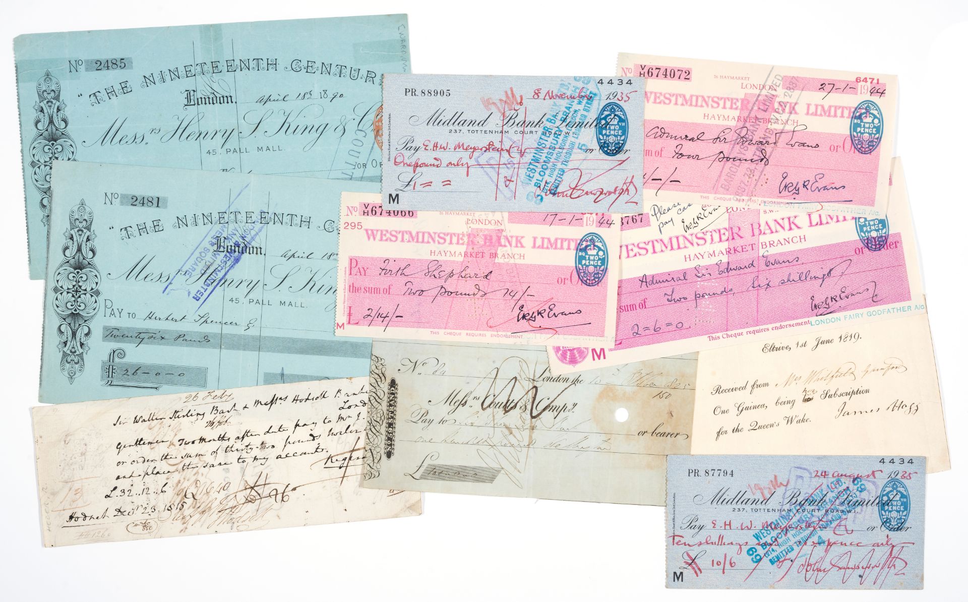 Cheques.- Collection of 10 cheques signed or made out in favour, including: Wellington, Reginald ...