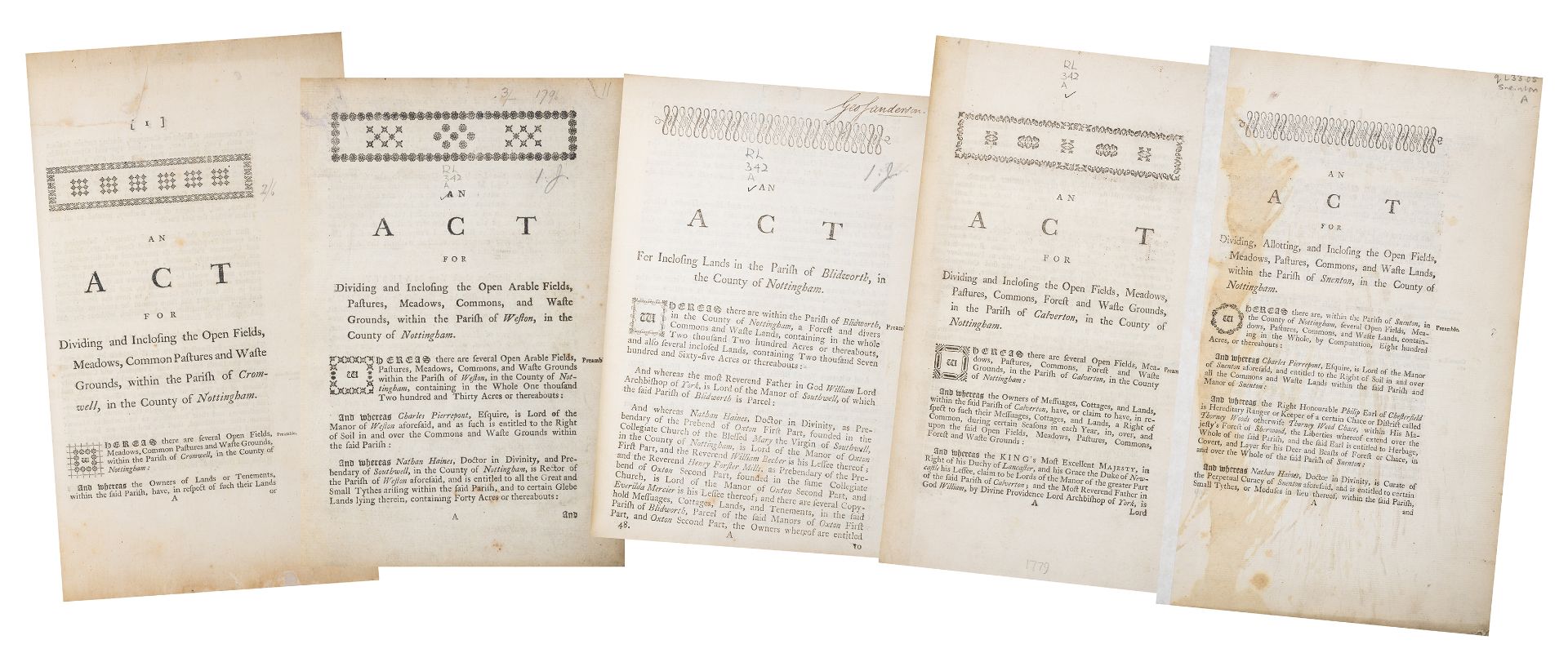 Nottinghamshire.- Acts of Parliament.- Small group of Enclosure Acts for Nottinghamshire, [1773-1...