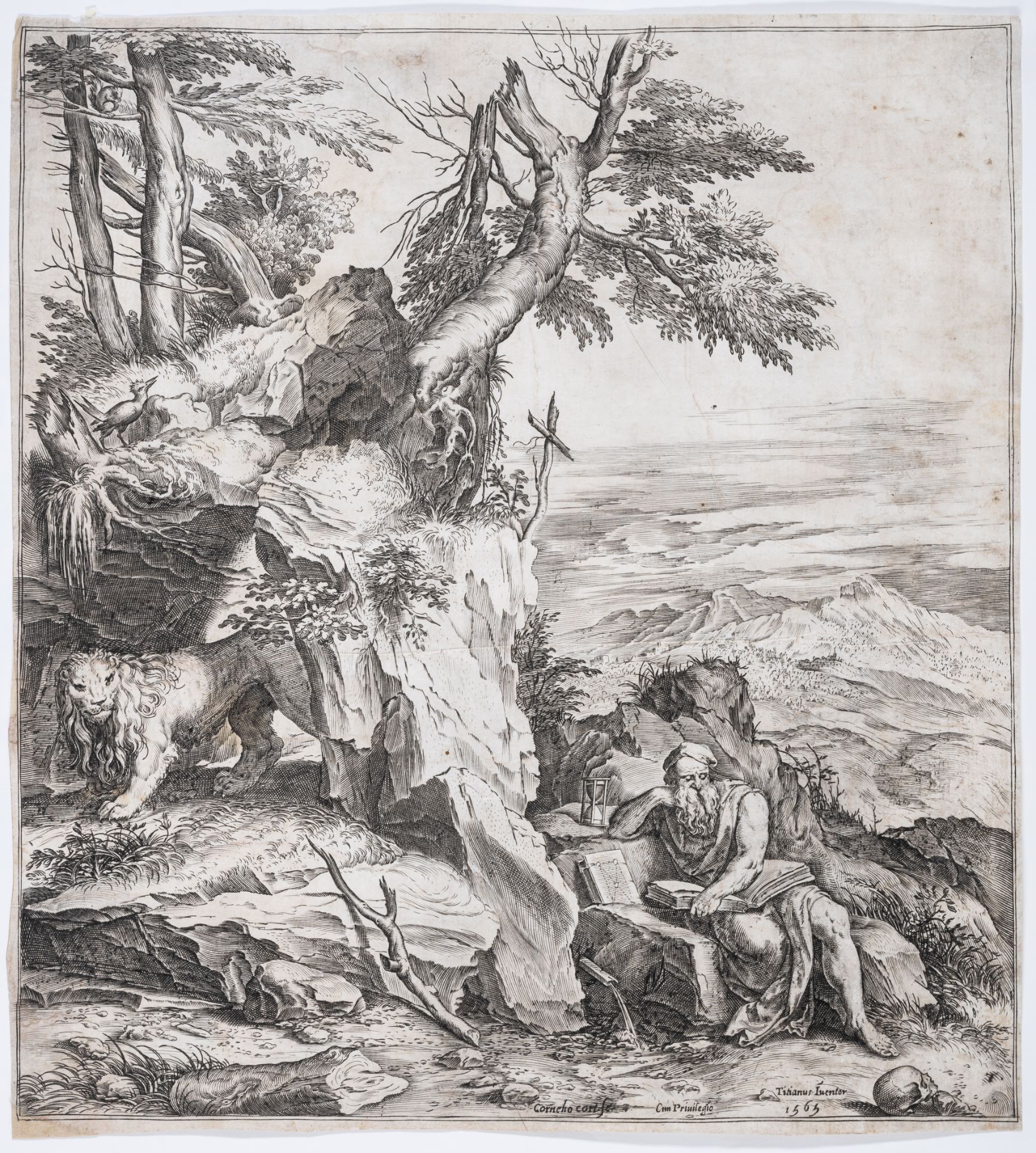 Cort (Cornelis) St Jerome reading in a rocky landscape, after Titian, engraving, 1565; and 8 othe...