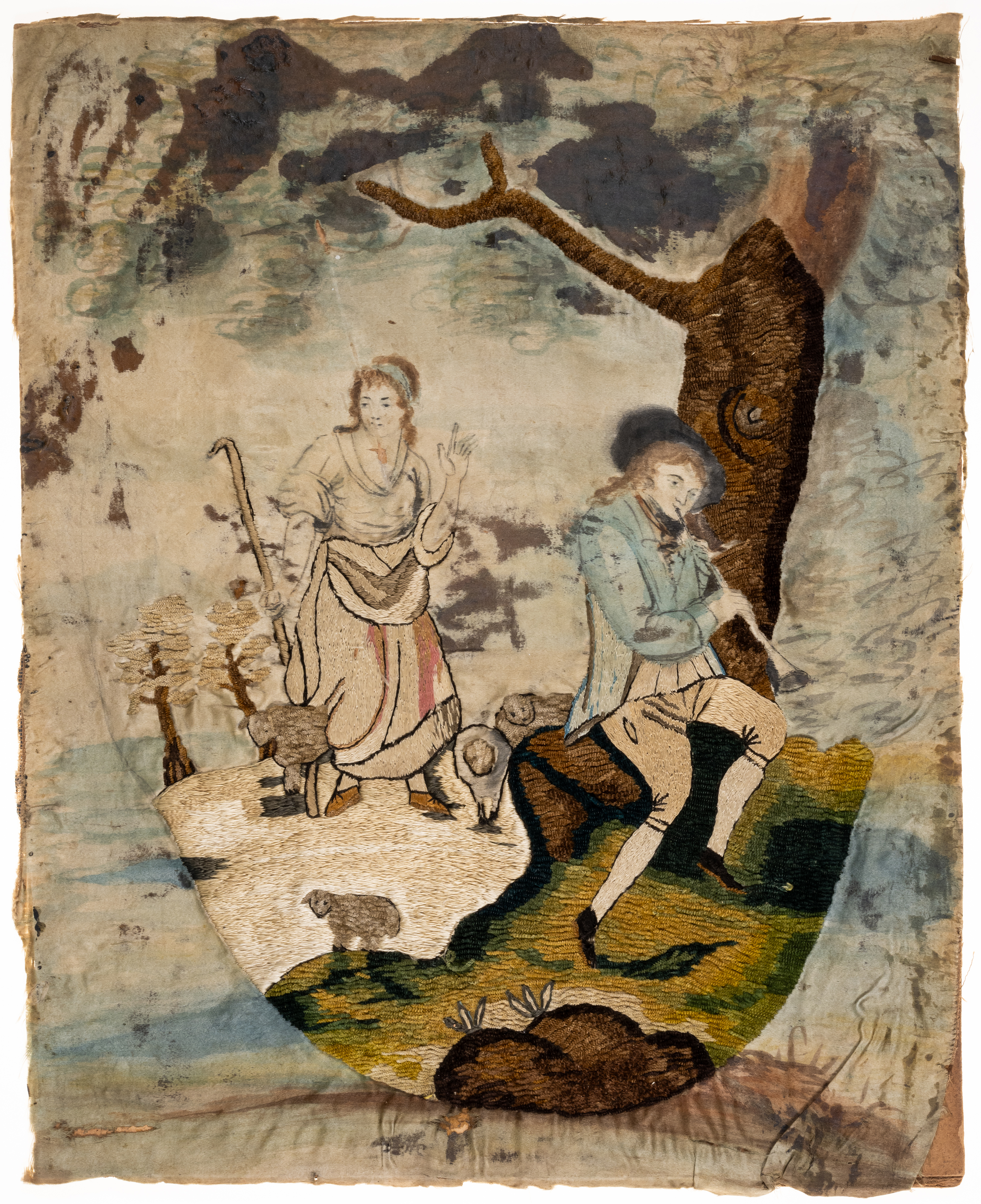 English School (19th century) A shepherd boy sitting under a tree, playing a shawm, shepherdess b...