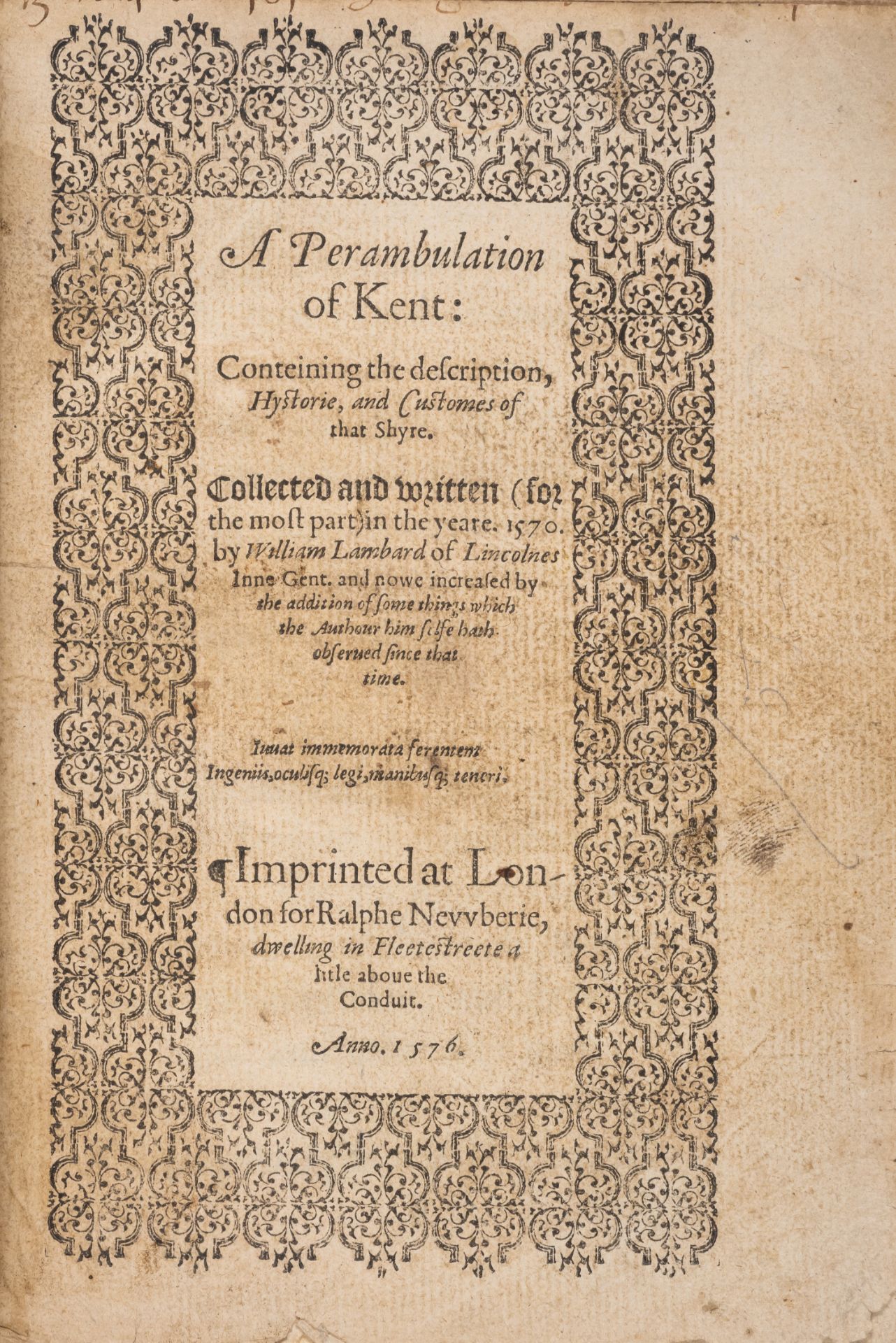 Kent.- Lambarde (William) A Perambulation of Kent, first edition, for Ralphe Newberrie, dwelling ... - Image 2 of 2