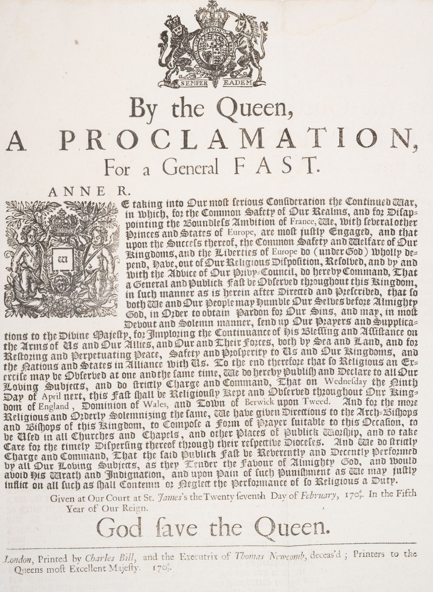 Fast against the French enemy.- Queen Anne By the Queen, a Proclamation, for a General Fast...for...