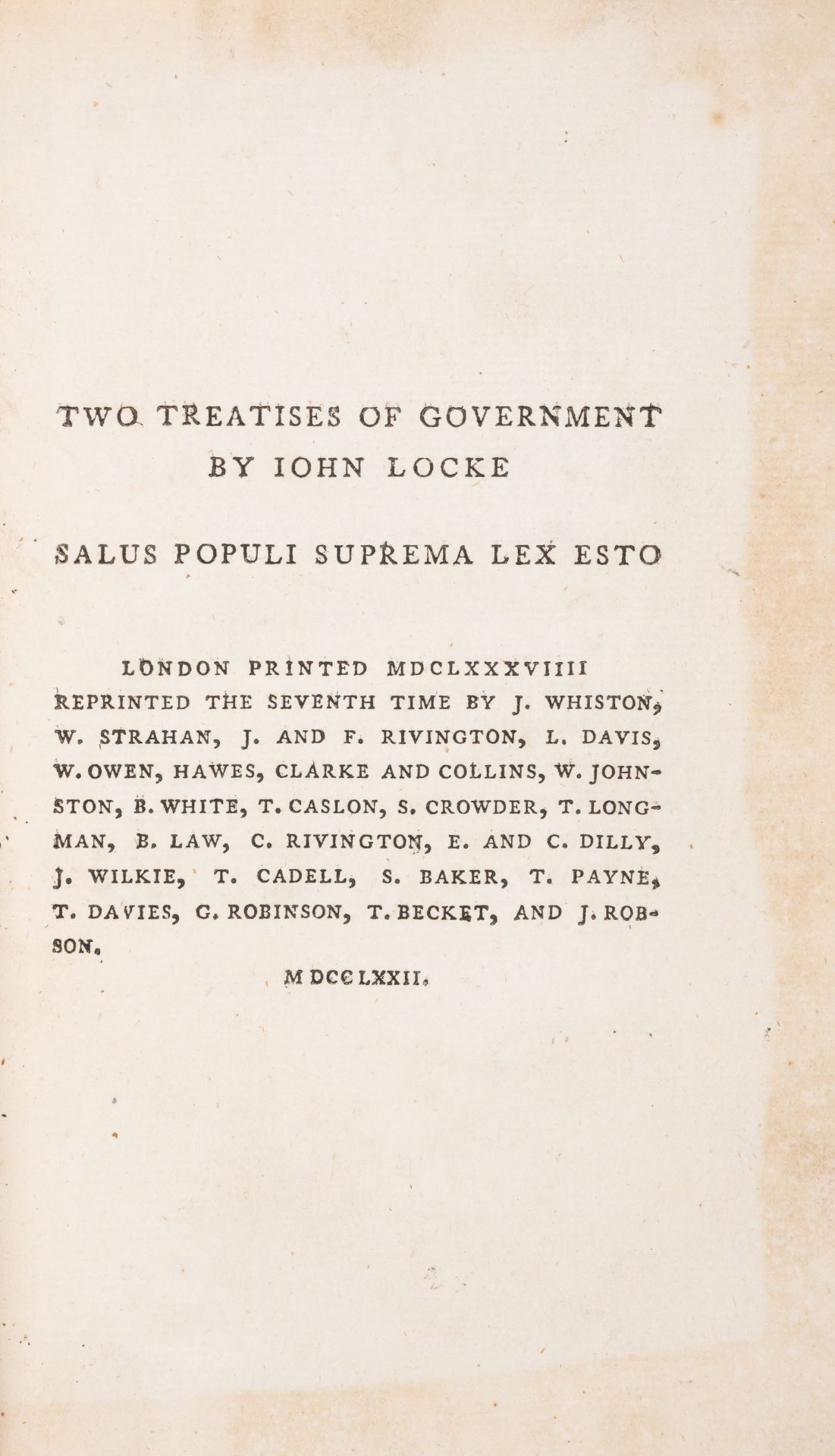 Locke (John) Two Treatises of Government, seventh edition, J Whitson, W. Strahan, et al., 1772; a...