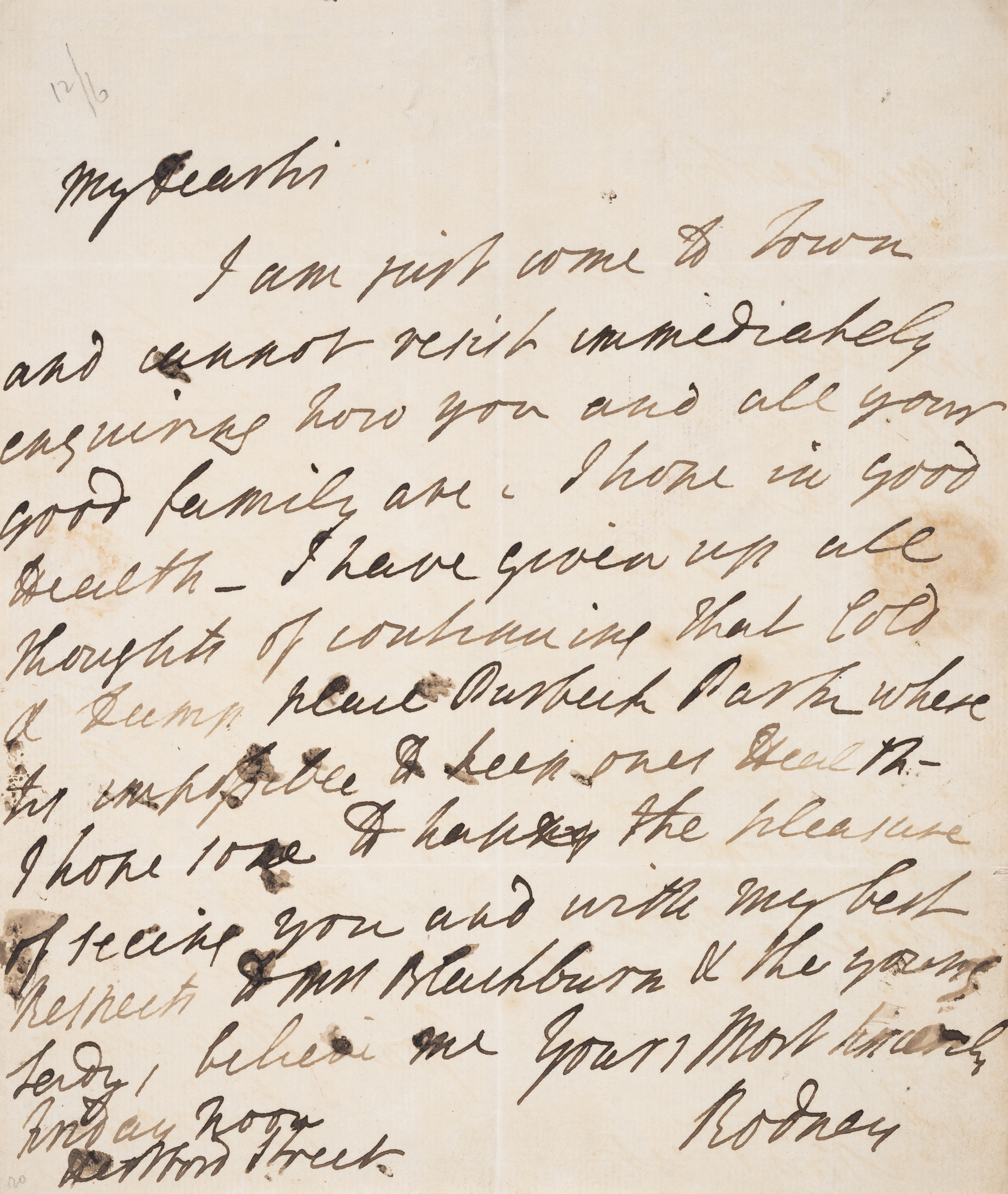 Rodney (Admiral Sir George Rodney, first Baron) Autograph Letter signed “Rodney” to “Mr Blackburn...