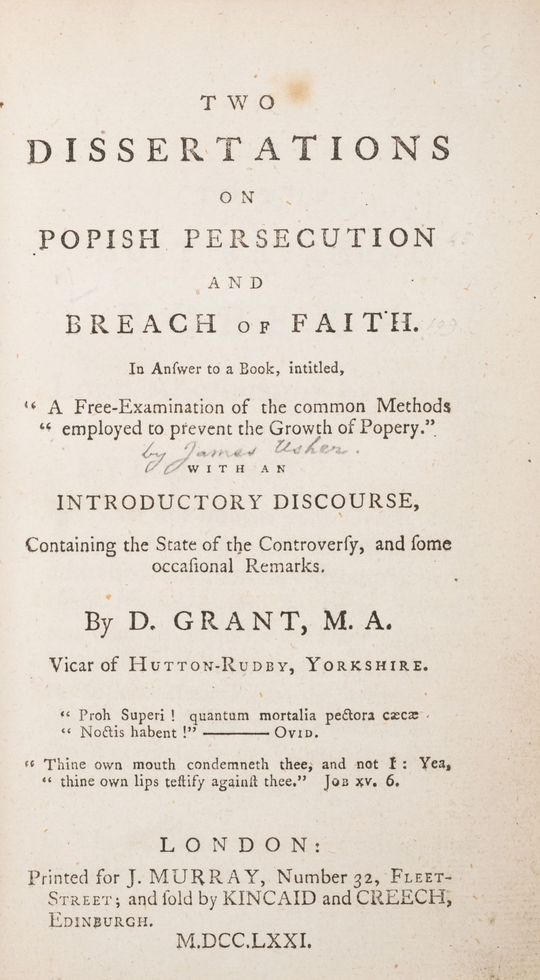 Grant (Donald) Two Dissertations on Popish Persecution and Breach of Faith..., for J. Murray, 177... - Bild 2 aus 2