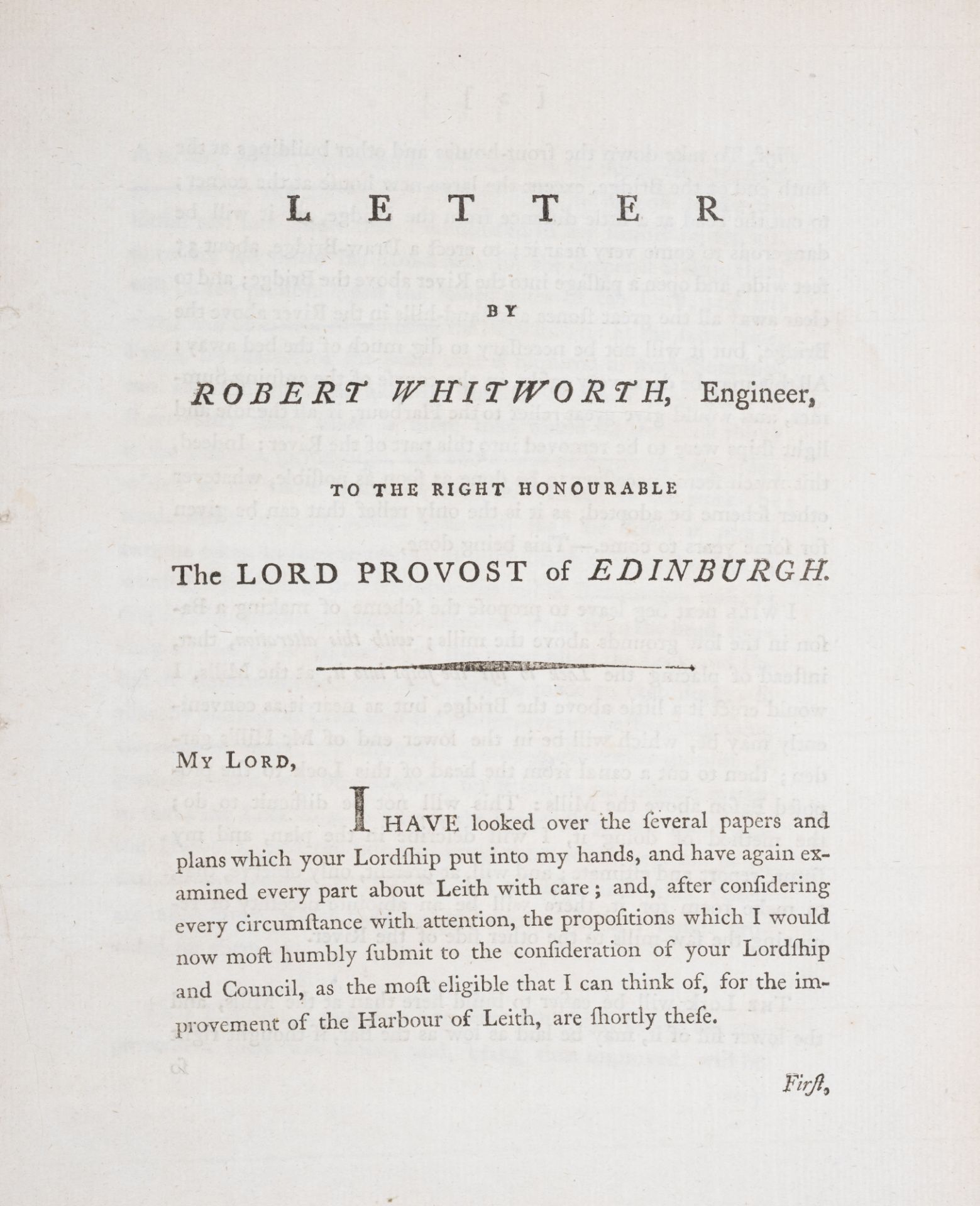 Scotland.- Leith harbour.- Whitworth (Robert) Letter by Robert Whitworth, engineer, to the Right ...
