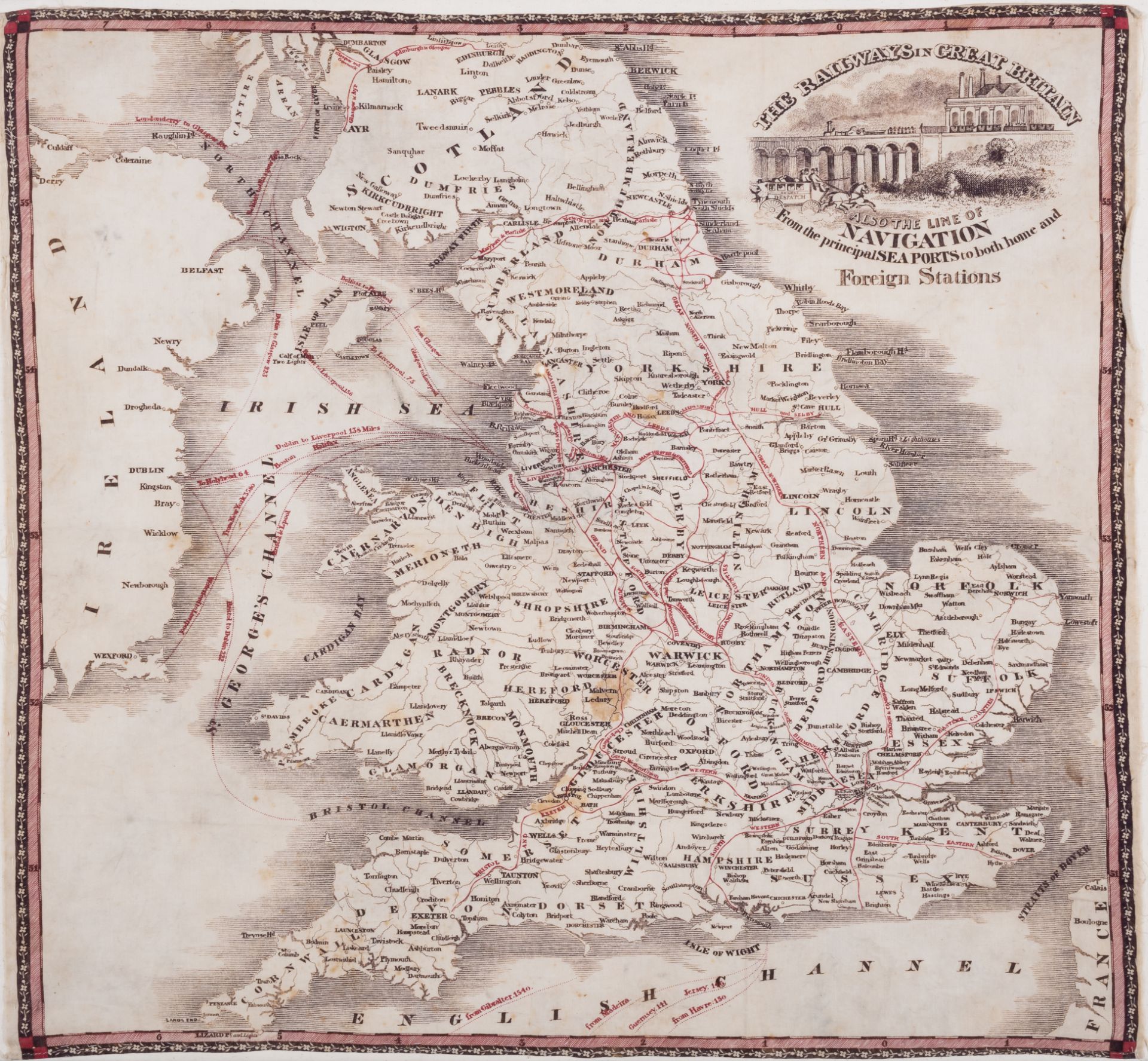 Britain.- Railways Handkerchief (1850s) The Railways in Great Britain, Also the Line of Navigatio...