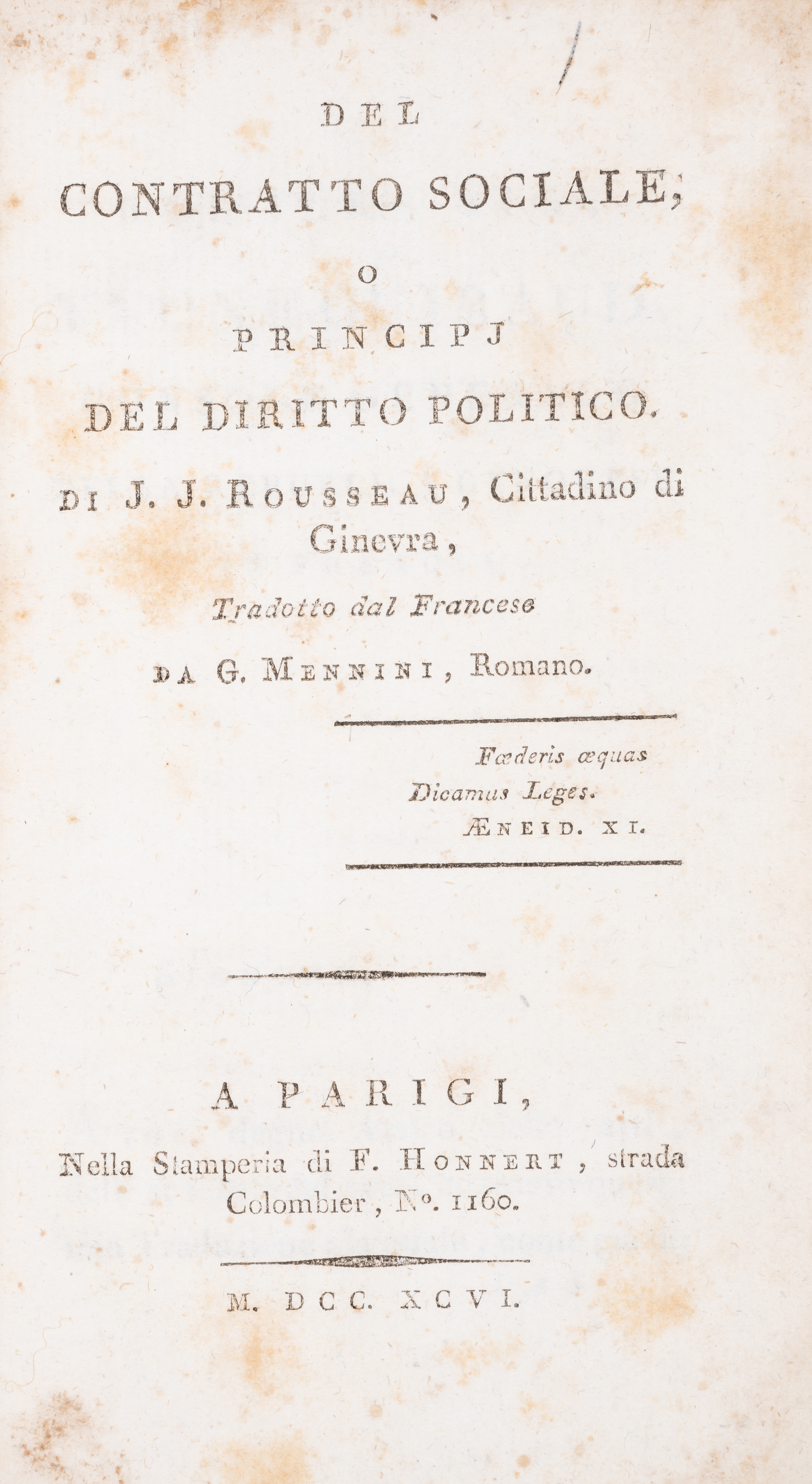 Rousseau (Jean Jacques) Del Contratto Sociale, o Principj del Diritto Politico, first edition in ...