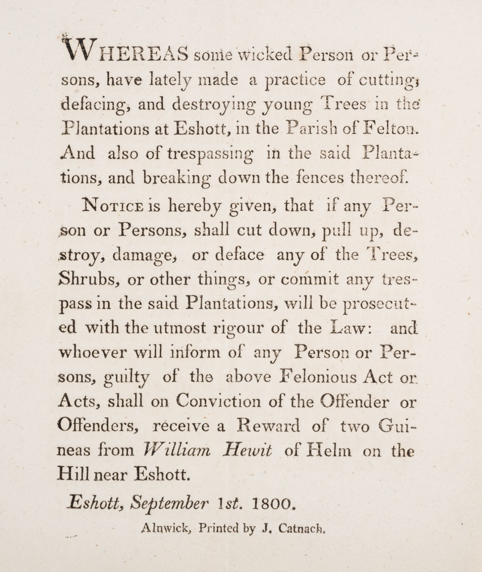 Crime.- Catnach, printer.- Whereas some wicked person or persons, have lately made a practice of ...