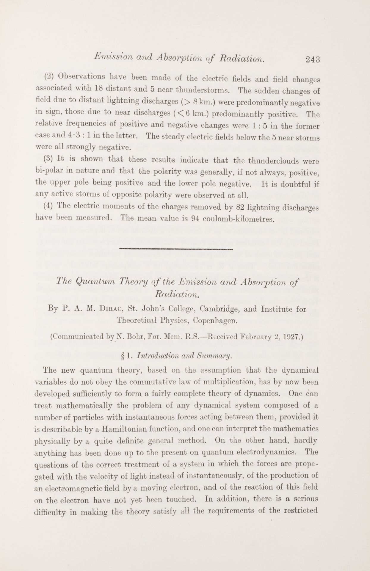 Dirac (Paul) "The quantum theory of the emission and absorption of radiation" [and] "The quantum ...