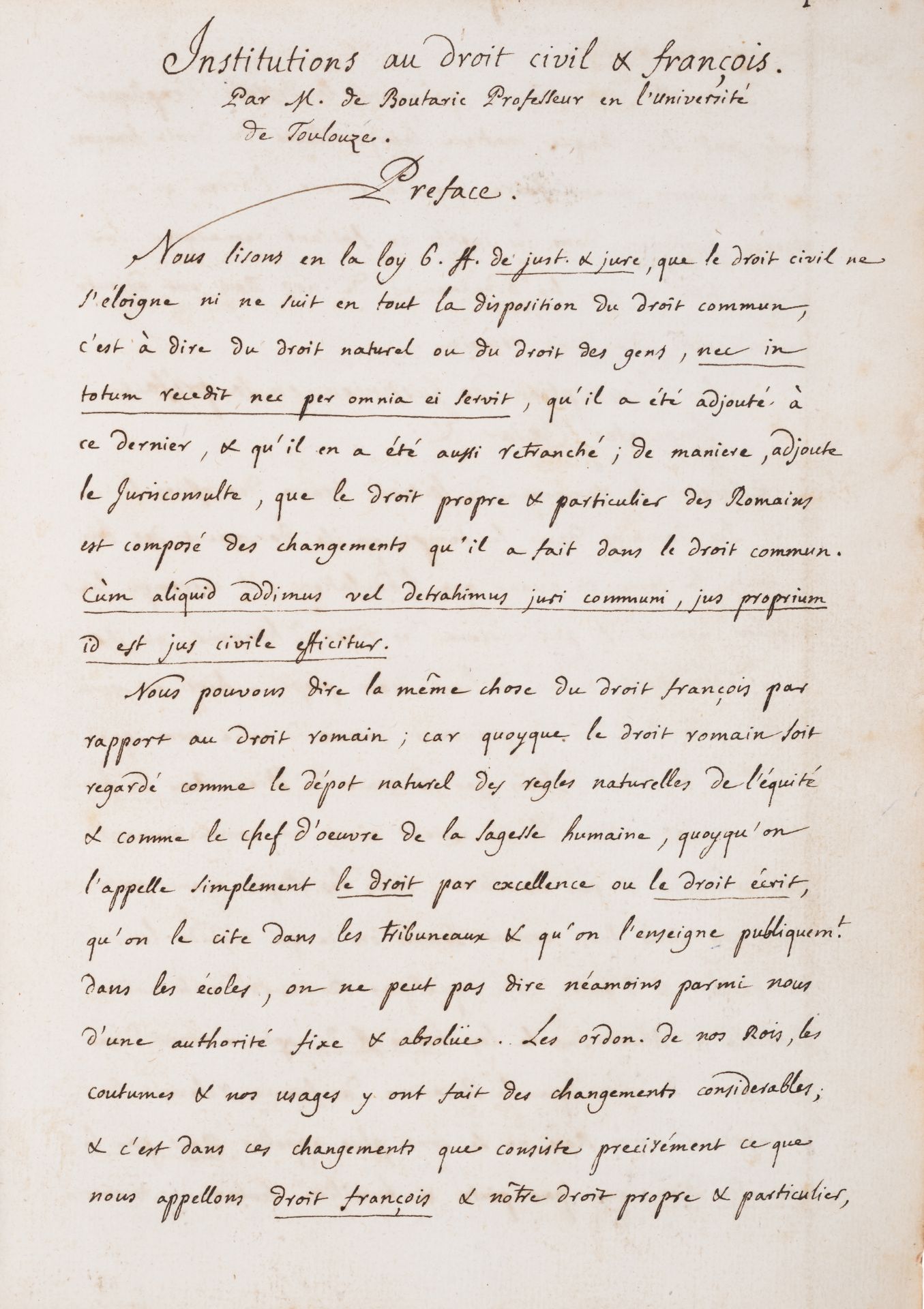 French Law.- Boutaric (François de) Institutions au droit civil & françois, manuscript in French,...