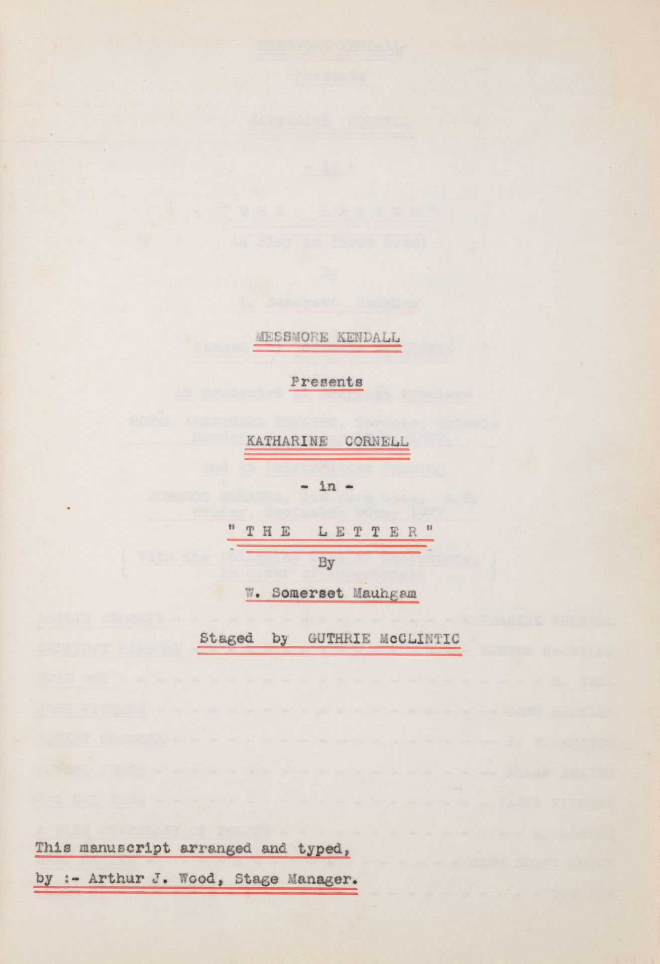 Maugham (William Somerset) The Letter, typed manuscript, with signed presentation inscriptions fr...