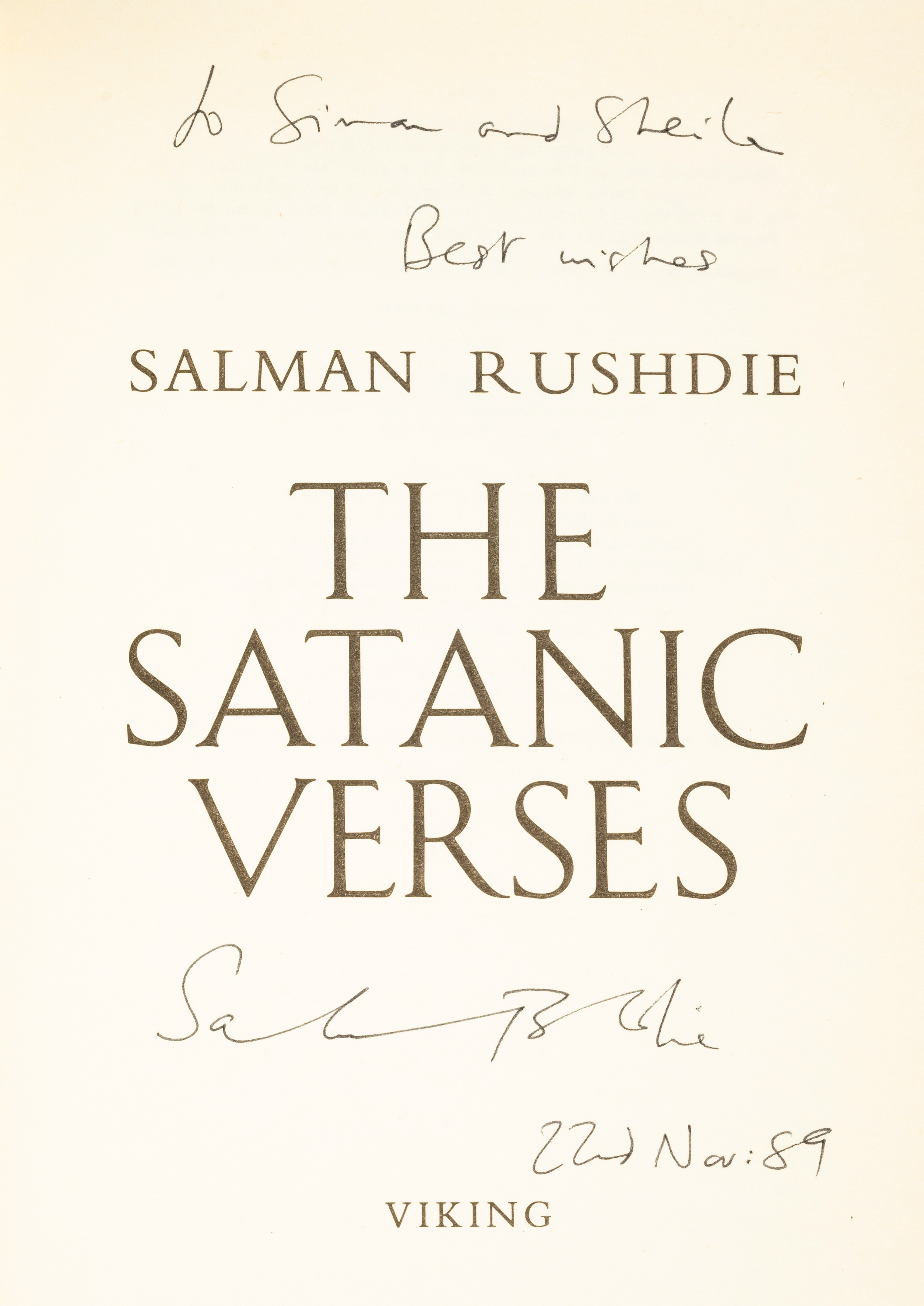 Rushdie (Salman) The Satanic Verses, signed presentation inscription from the author, intriguing ... - Image 2 of 2