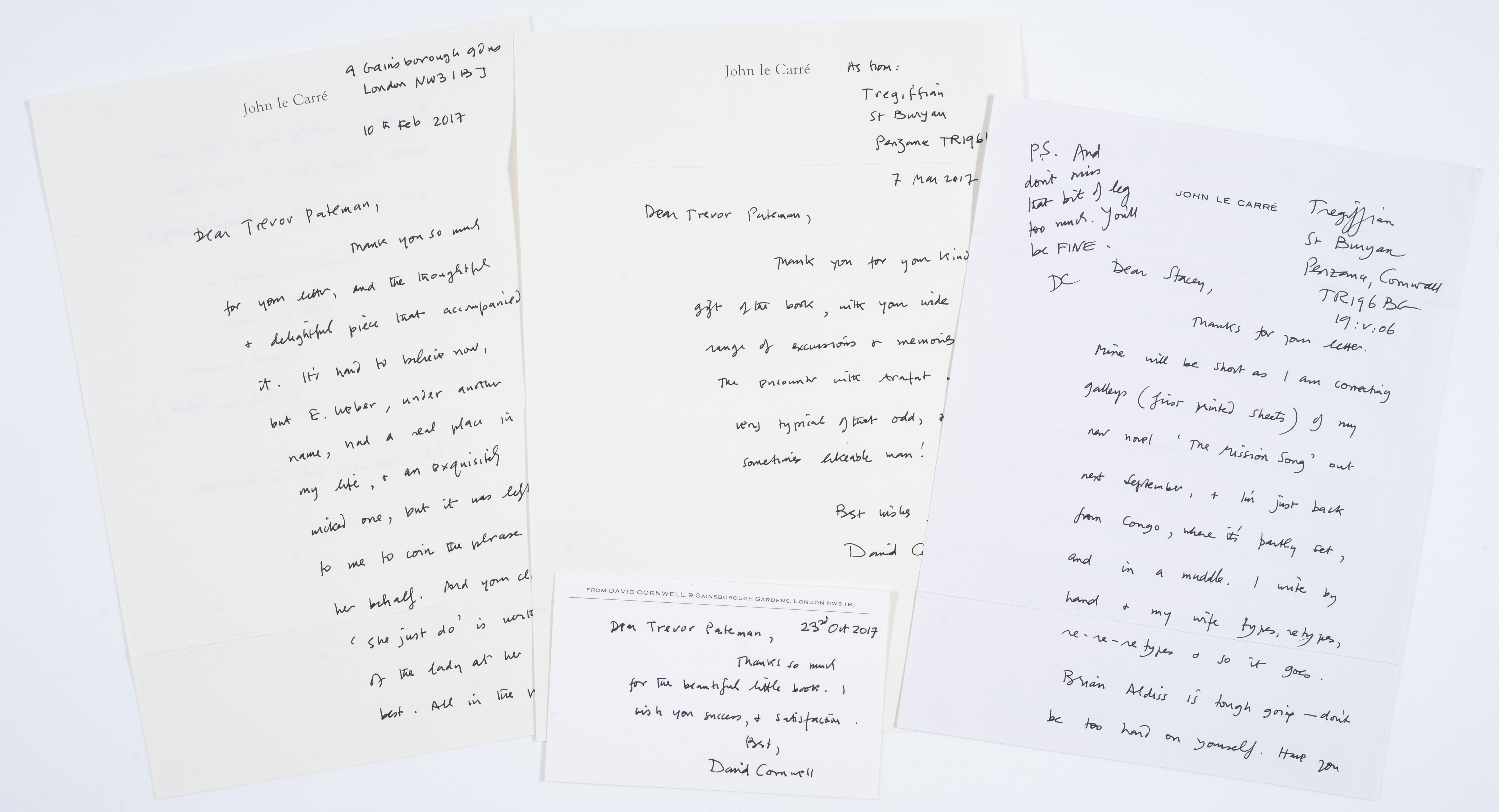 le Carré (John) A group of three Autograph Letters and a card, all signed by the author "David Co...