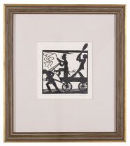 Gill (Eric) Woodcut print for 'The Devil and His Devices', signed in pencil, framed, 1915; and a ...