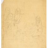 Dulac (Edmund) Original illustration with lady playing the harp to four seated women wearing head...