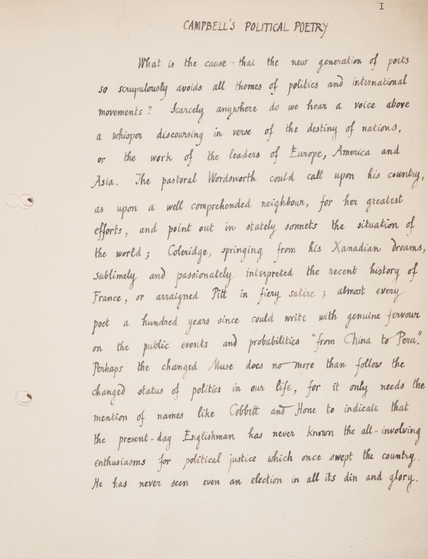 Blunden (Edmund) Campbell's Political Poetry, rare original holograph manuscript, [1928].