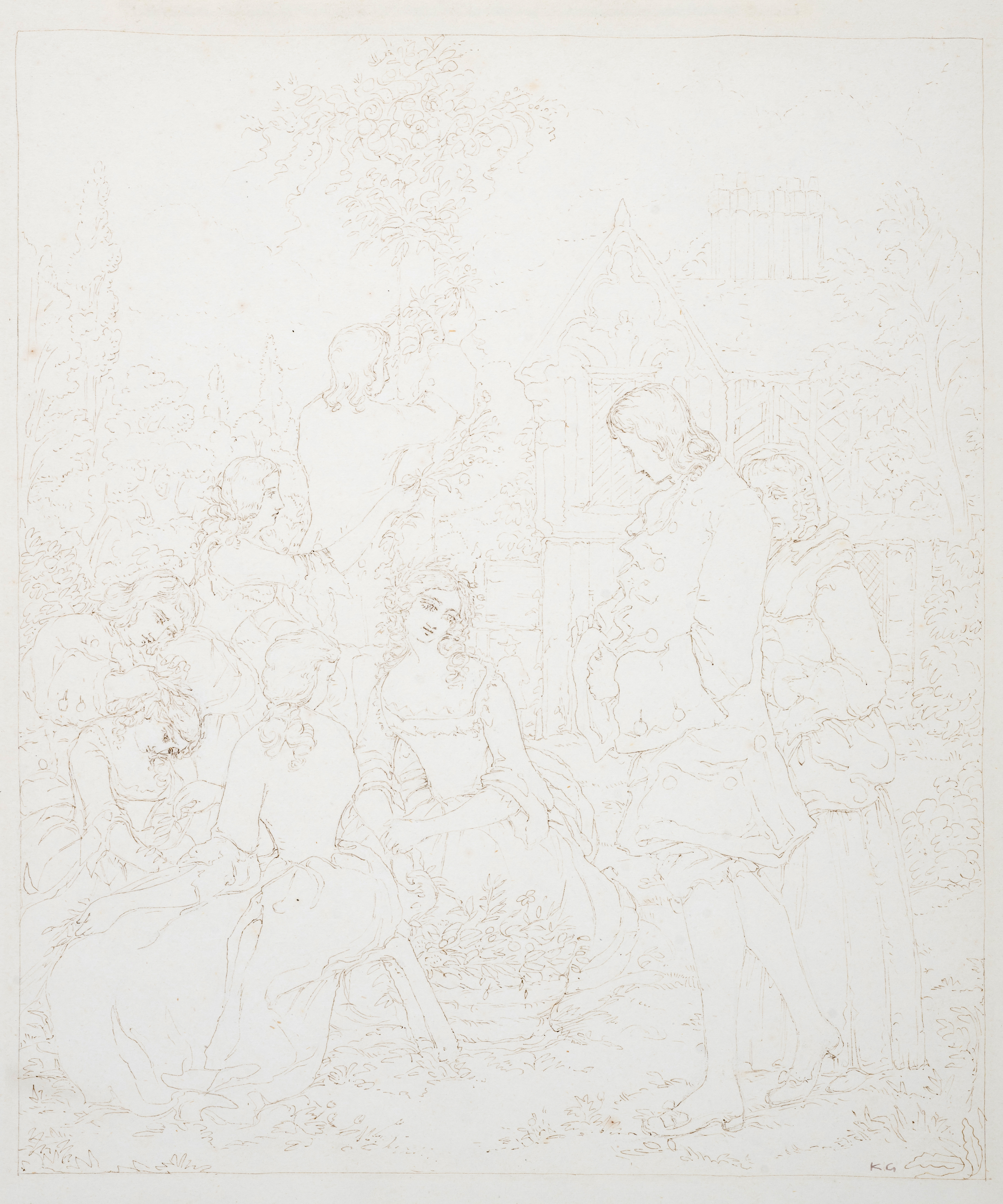 Greenaway (Kate) Original illustration of a garden scene with various young ladies platting hair ...