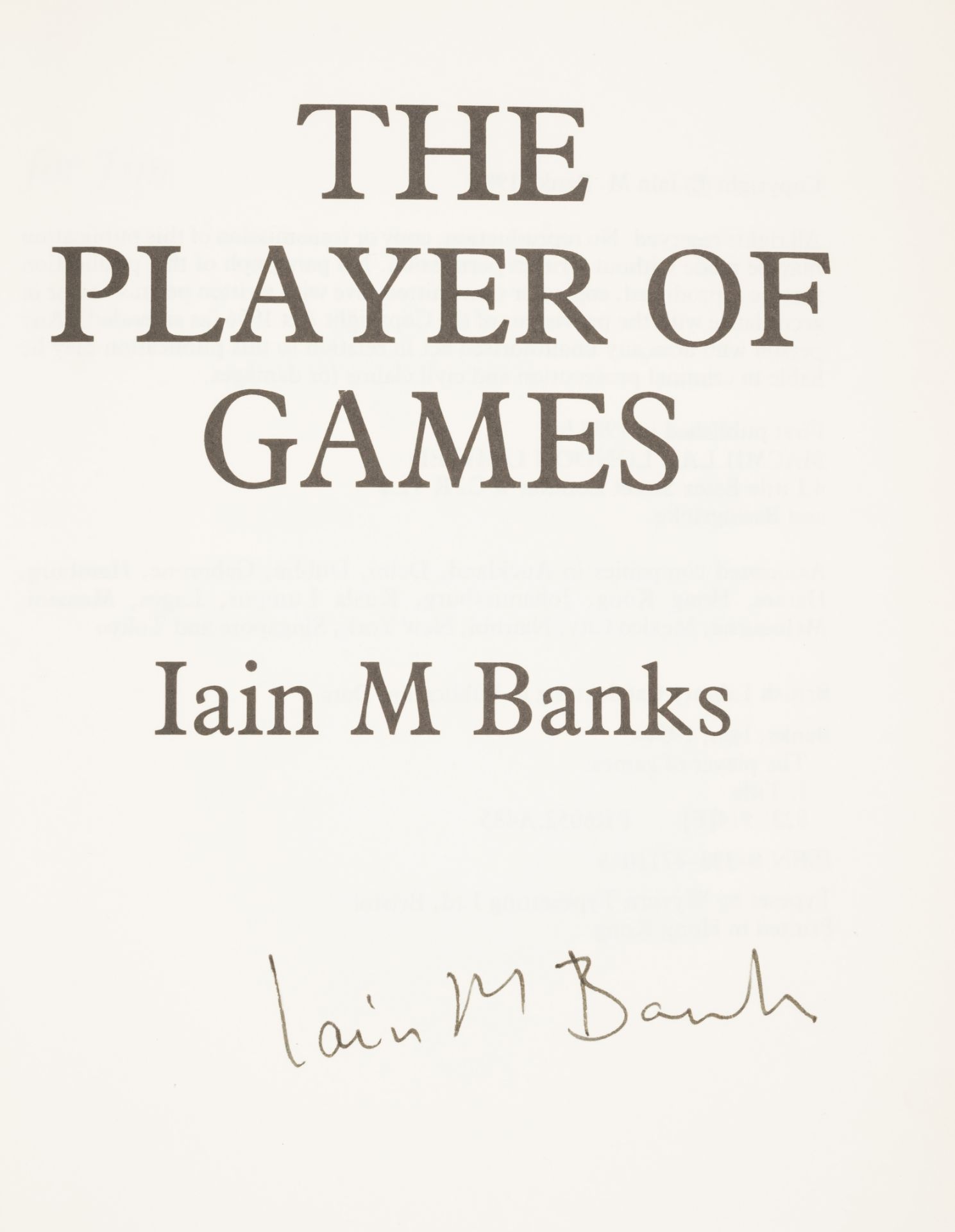 Banks (Iain M.) The Player of Games, first edition, signed by the author, 1988. - Bild 2 aus 2