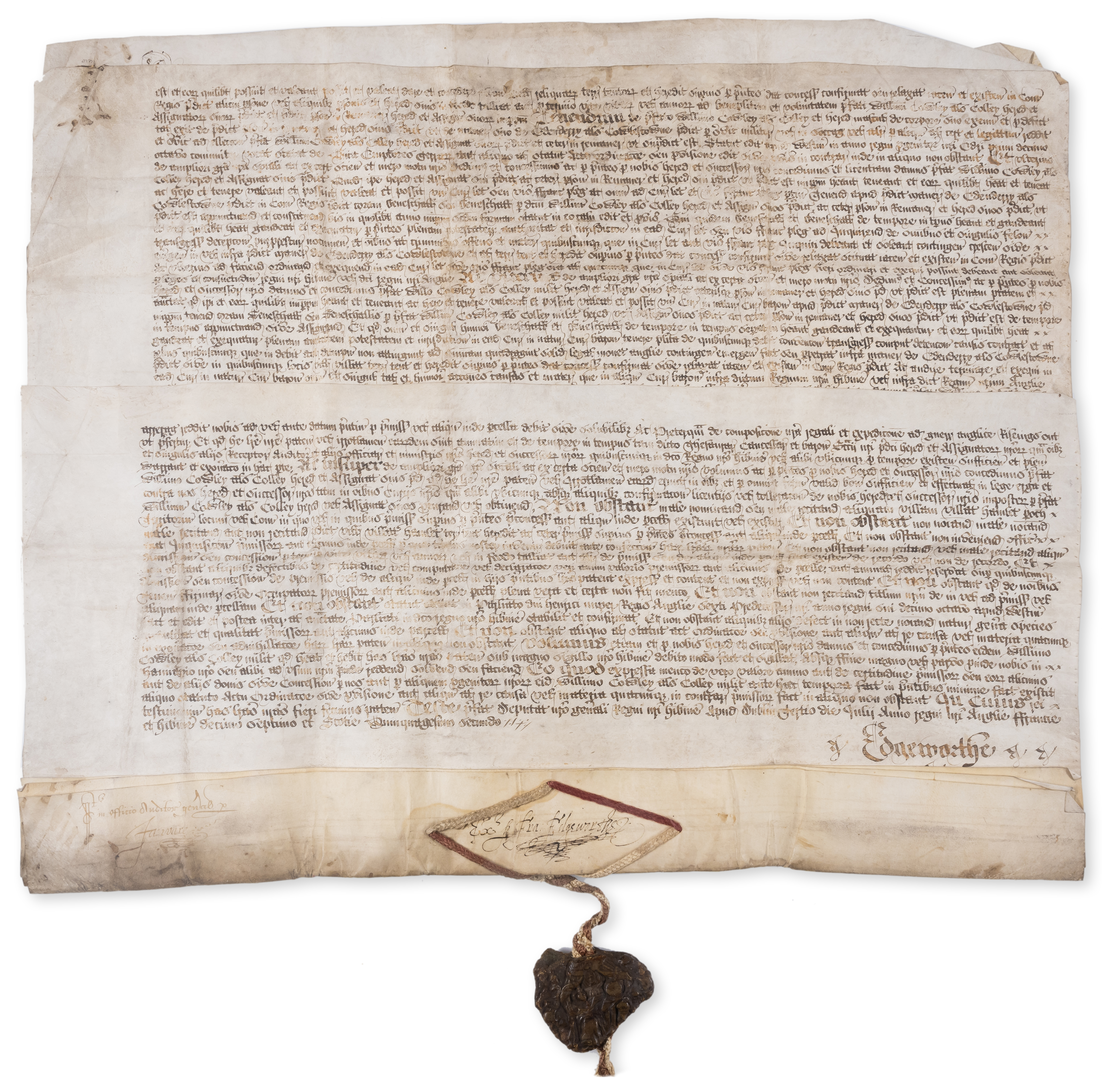 Ireland.- James VI & I (King).- Edgeworth (Francis) Charter, grant to William Colley of land in E...