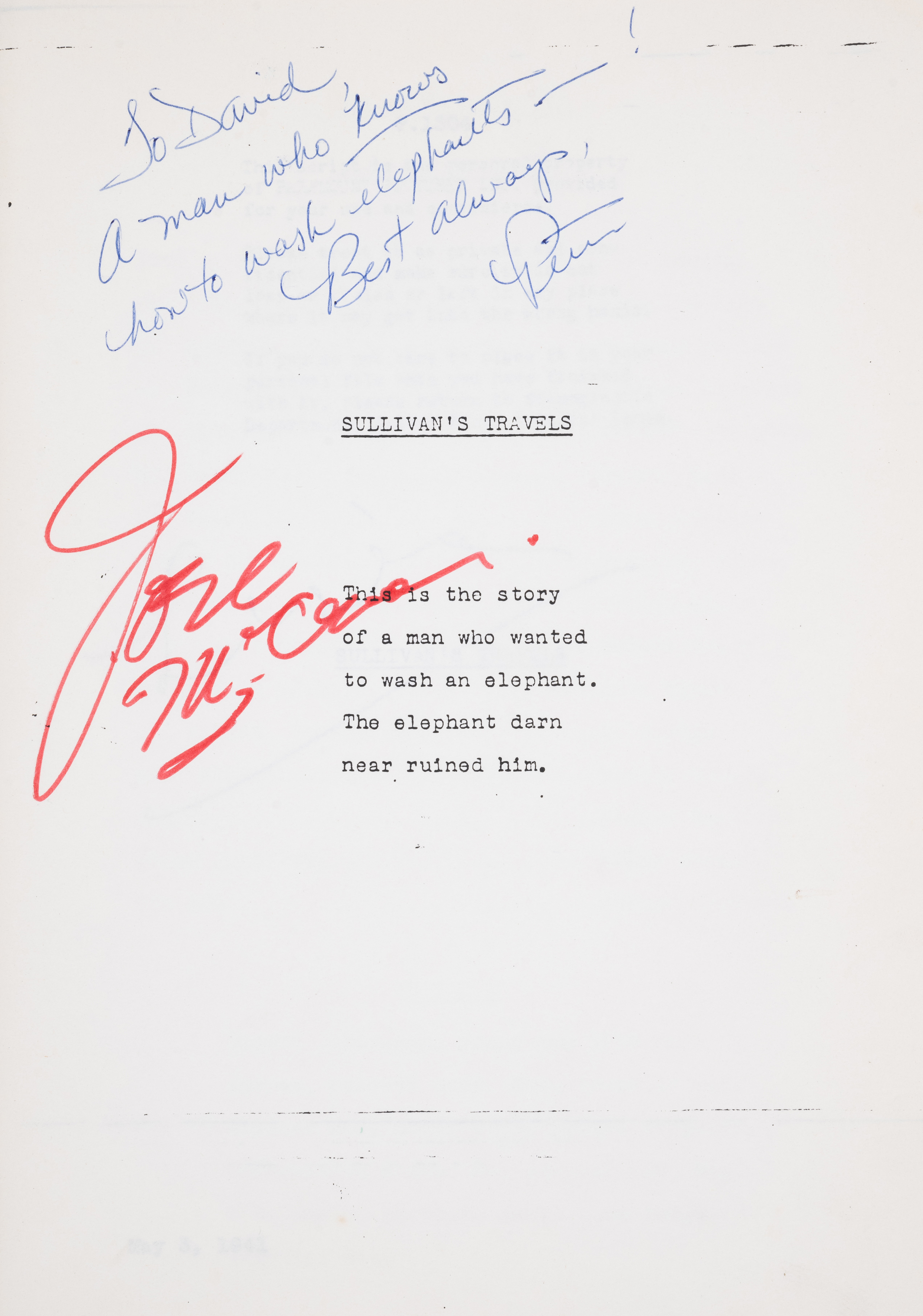 Film.- Sturges (Preston) Sullivan's Travels, signed presentation inscription from Sturges, additi...