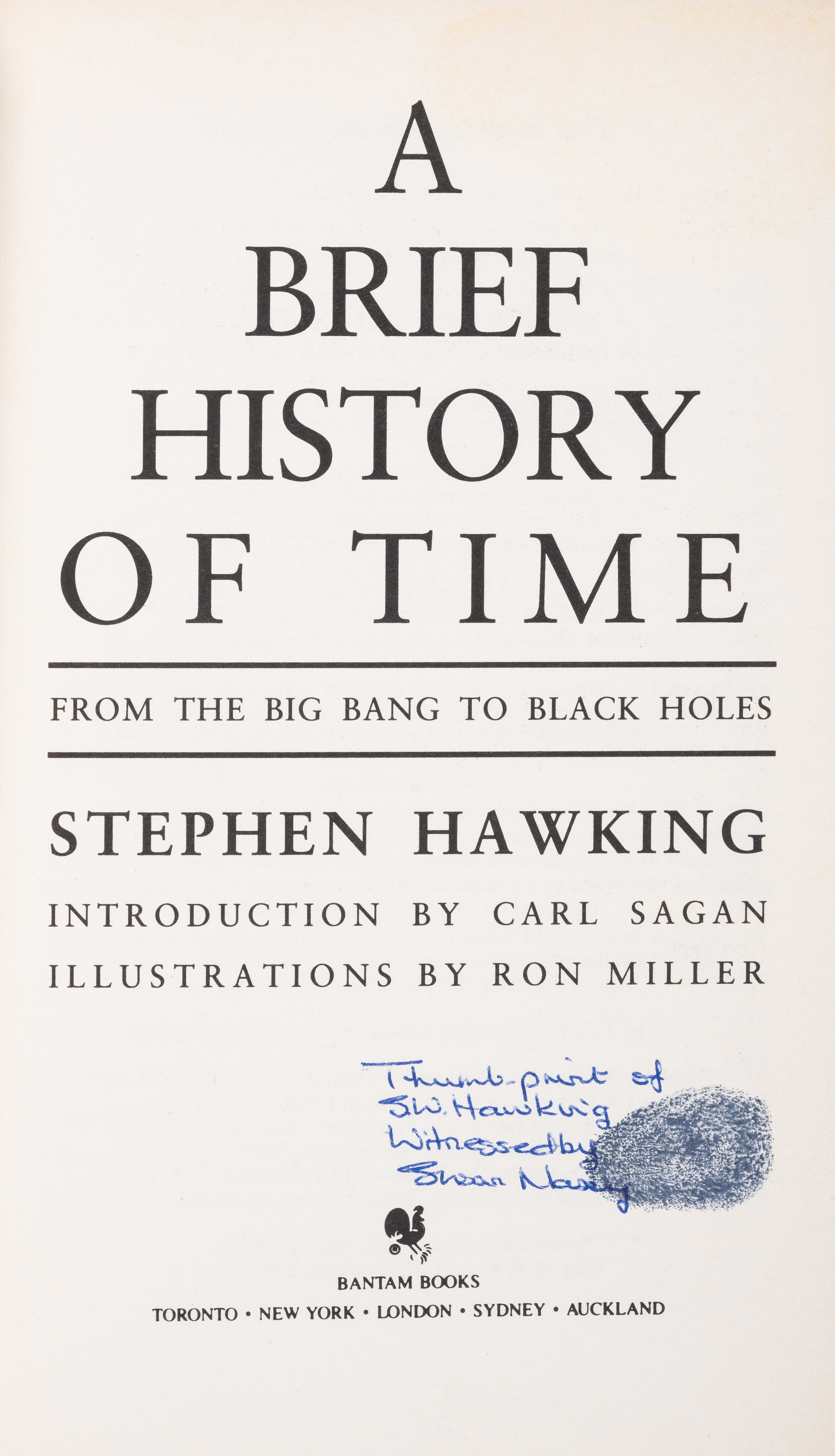 Hawking (Stephen) A Brief History of Time, signed with author's thumb-print, 1995.