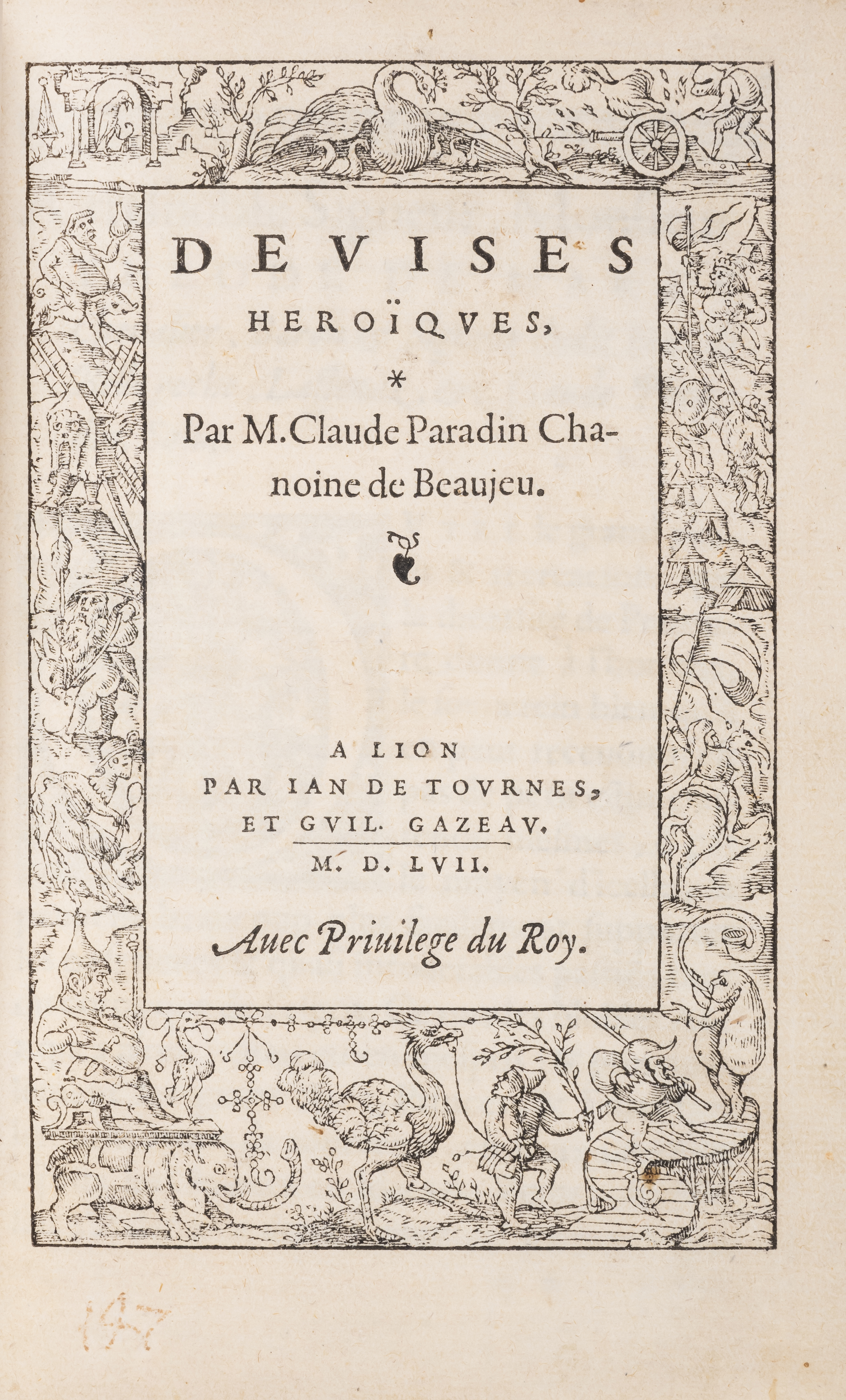 Emblemata.- Paradin (Claude) Devises Heroiques, second edition, Lyon, Jan de Tournes & Guil. Gaze...