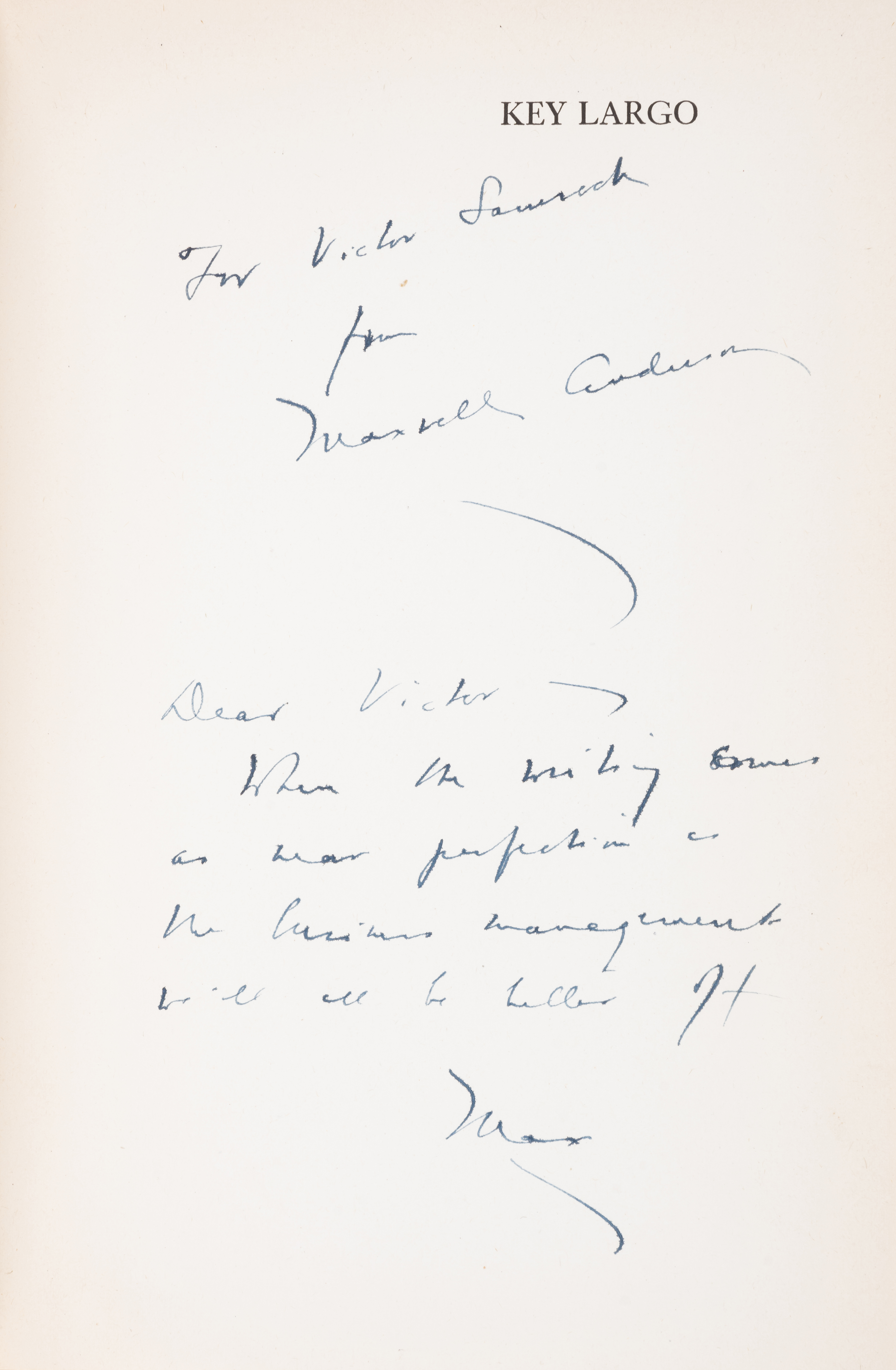 Anderson (Maxwell) Key Largo, first edition, signed presentation inscription from the author to V...