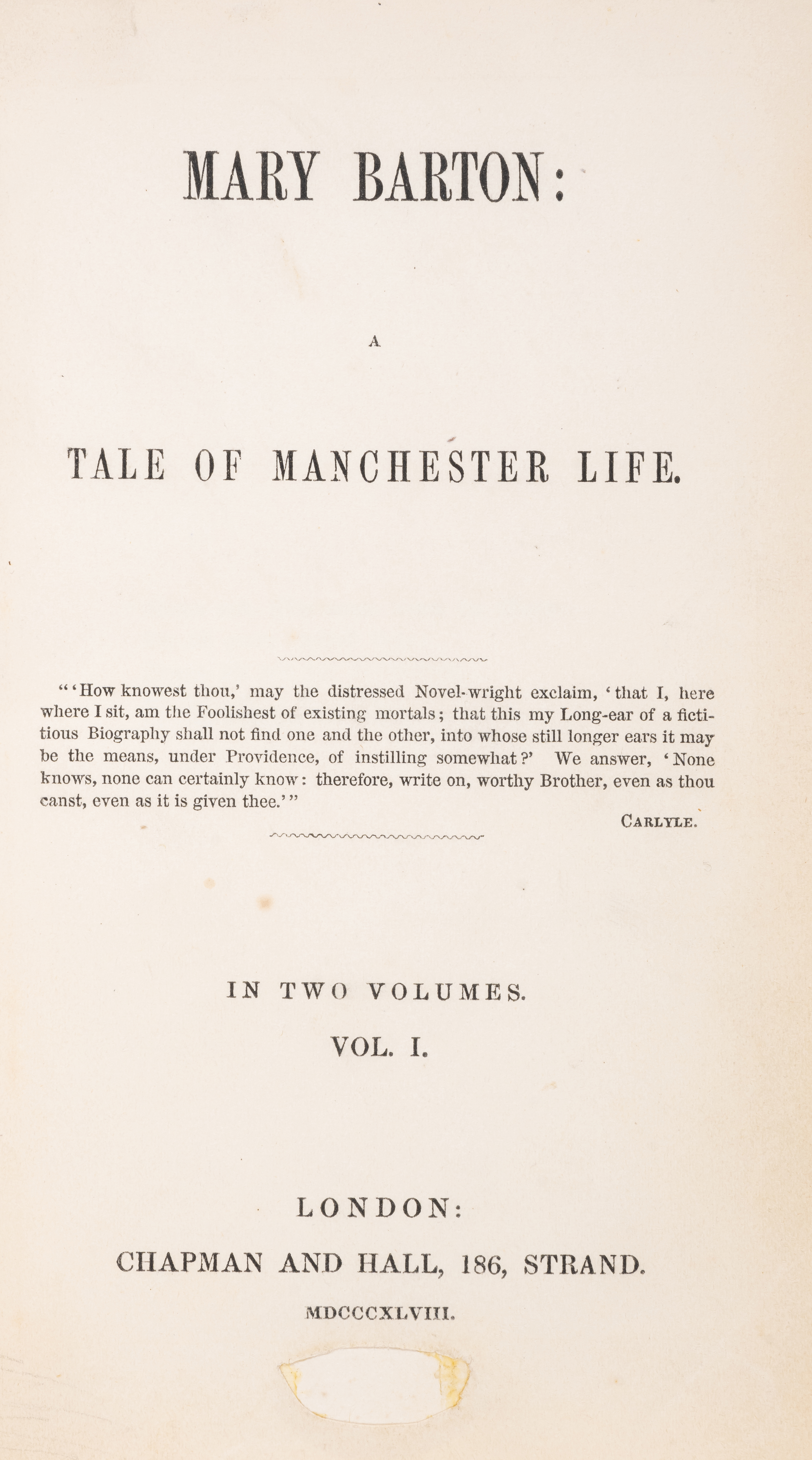 [Gaskell (Elizabeth C.)] Mary Barton: A Tale of Manchester Life, 2 vol., first edition, Autograph...