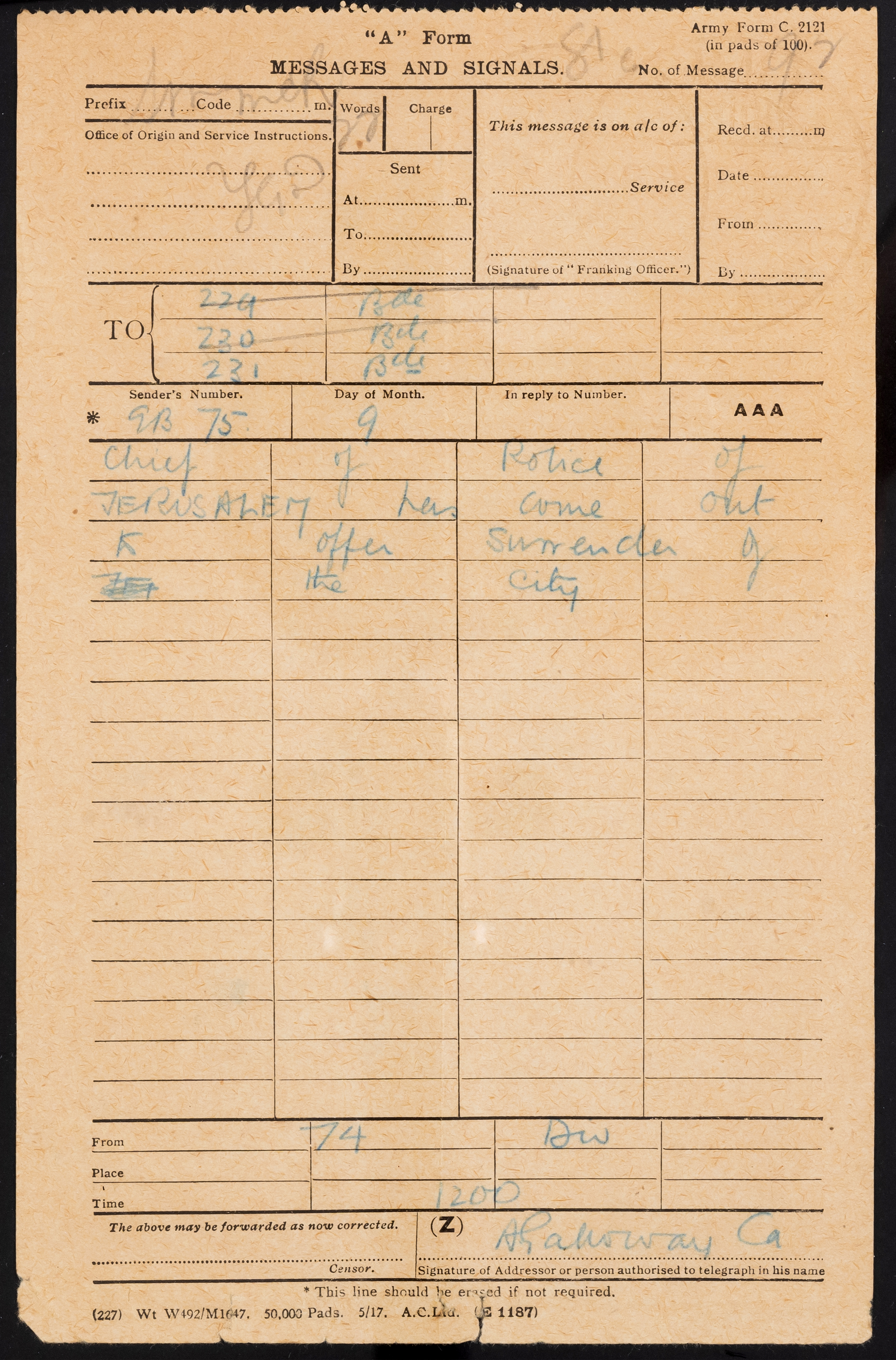 World War One.- Telegram sent by Headquarters 74th (Yeo.) Divn. to Headquarters 231st Inf. Brigad...