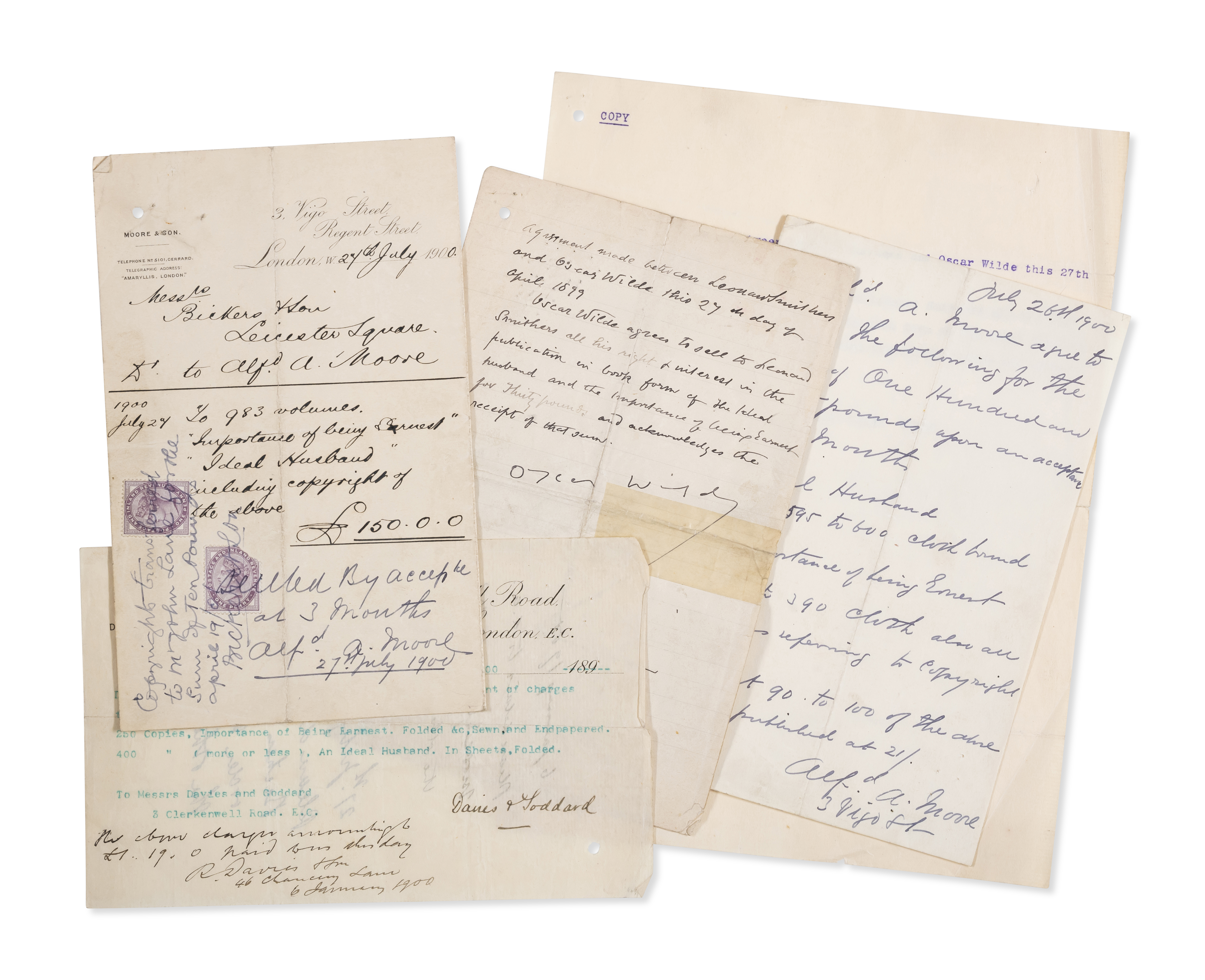 Wilde (Oscar).- Contract letter signed by Wilde, selling the rights of publication of The Ideal H...