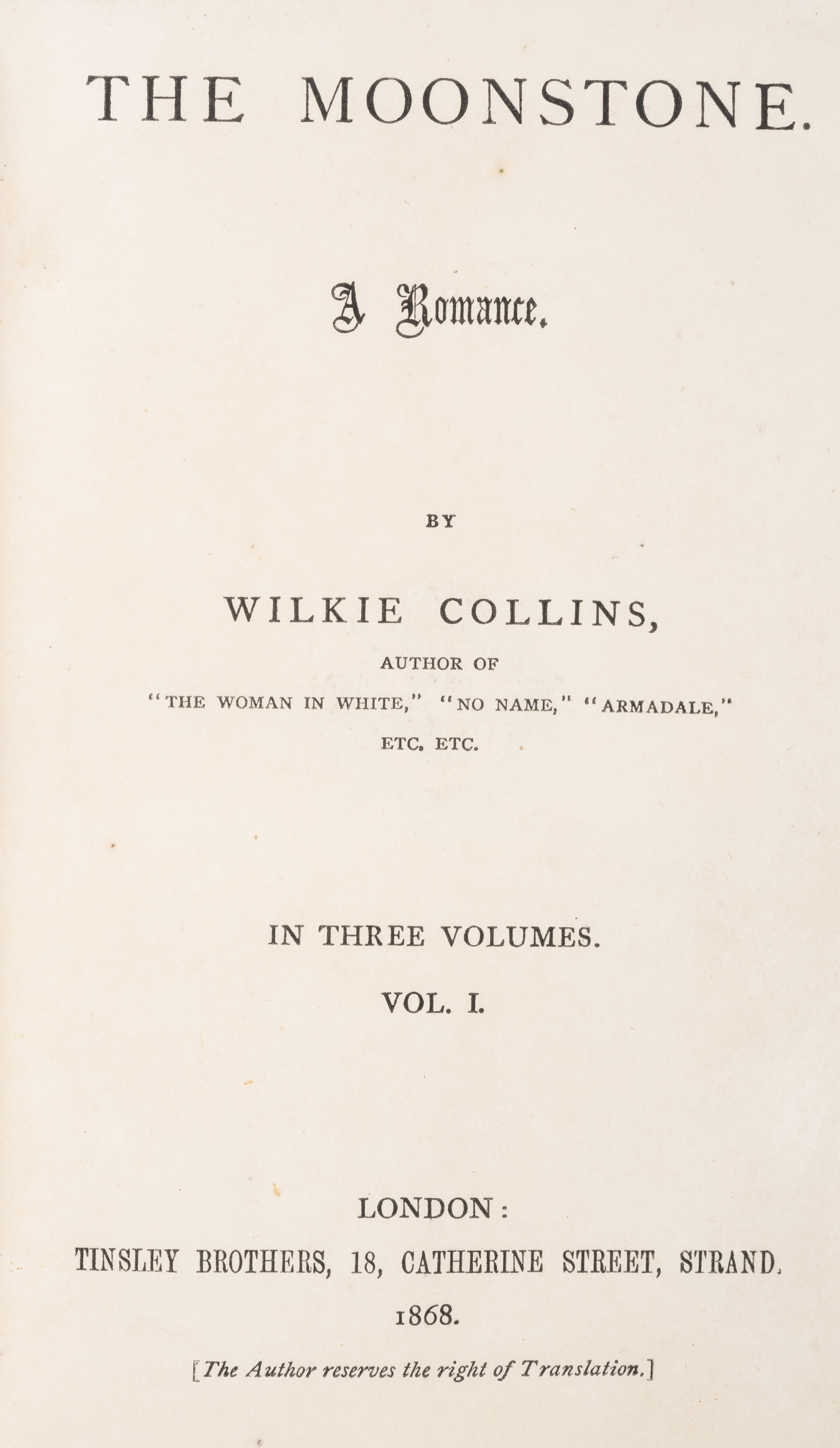 Collins (Wilkie) The Moonstone. A Romance, 3 vol., first edition, Tinsley Brothers, 1868. - Image 2 of 2