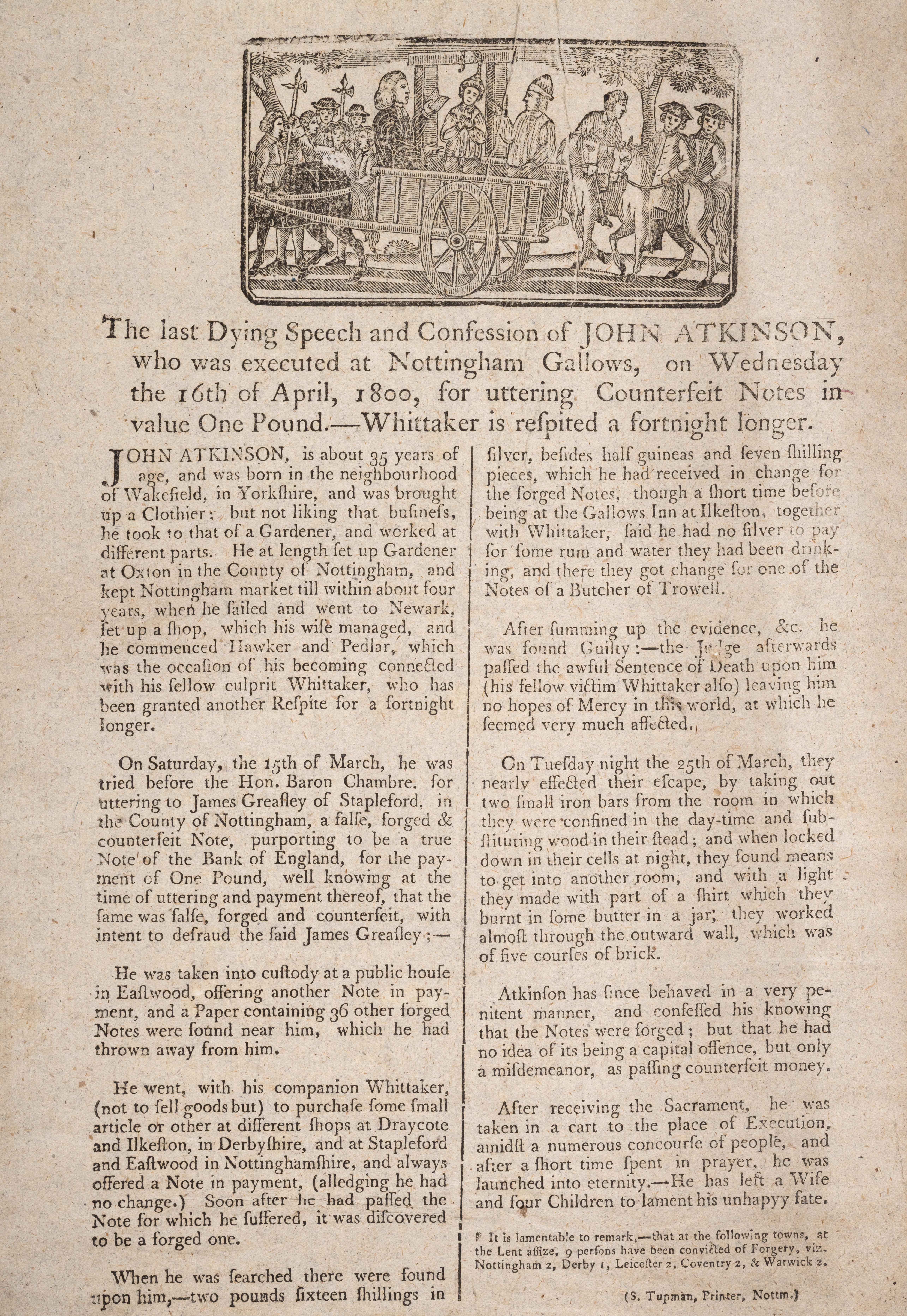 Execution broadside.- counterfeiting.- Last Dying Speech and Confession of John Atkinson (The), w...